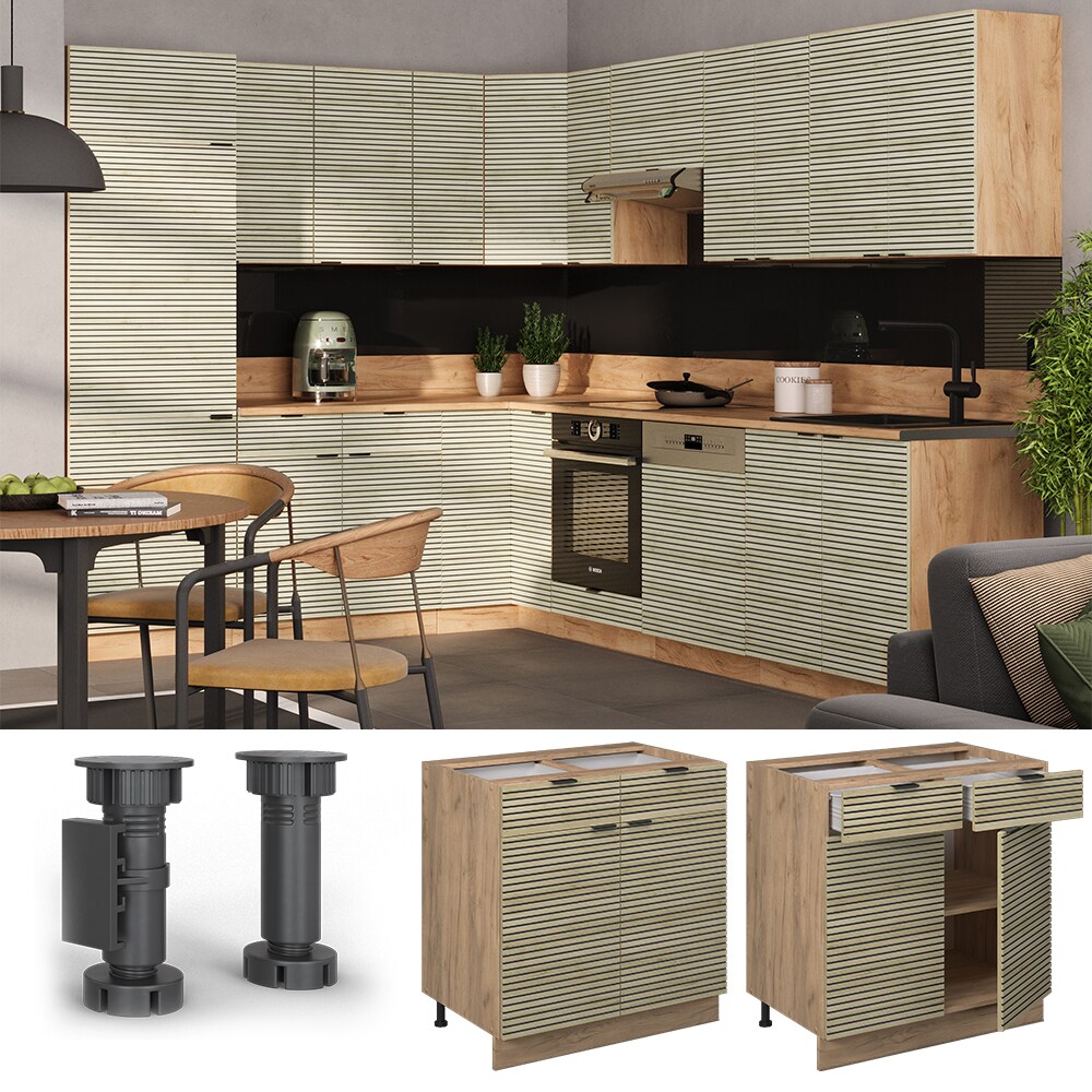 Vicco Schubunterschrank Fame-Line Eiche gefräst 80 cm mit Arbeitsplatte Eiche