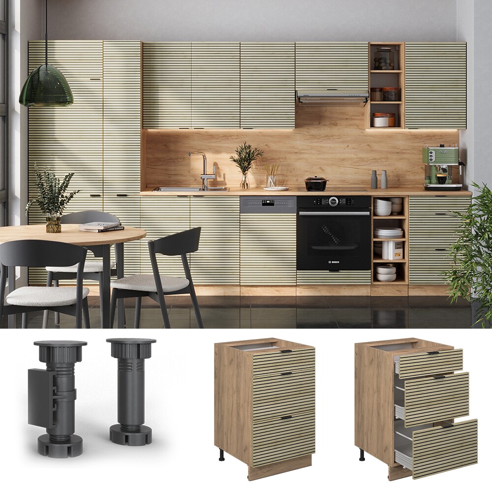 Vicco Schubladenunterschrank Fame-Line Eiche gefräst 50 cm mit Arbeitsplatte Anthrazit