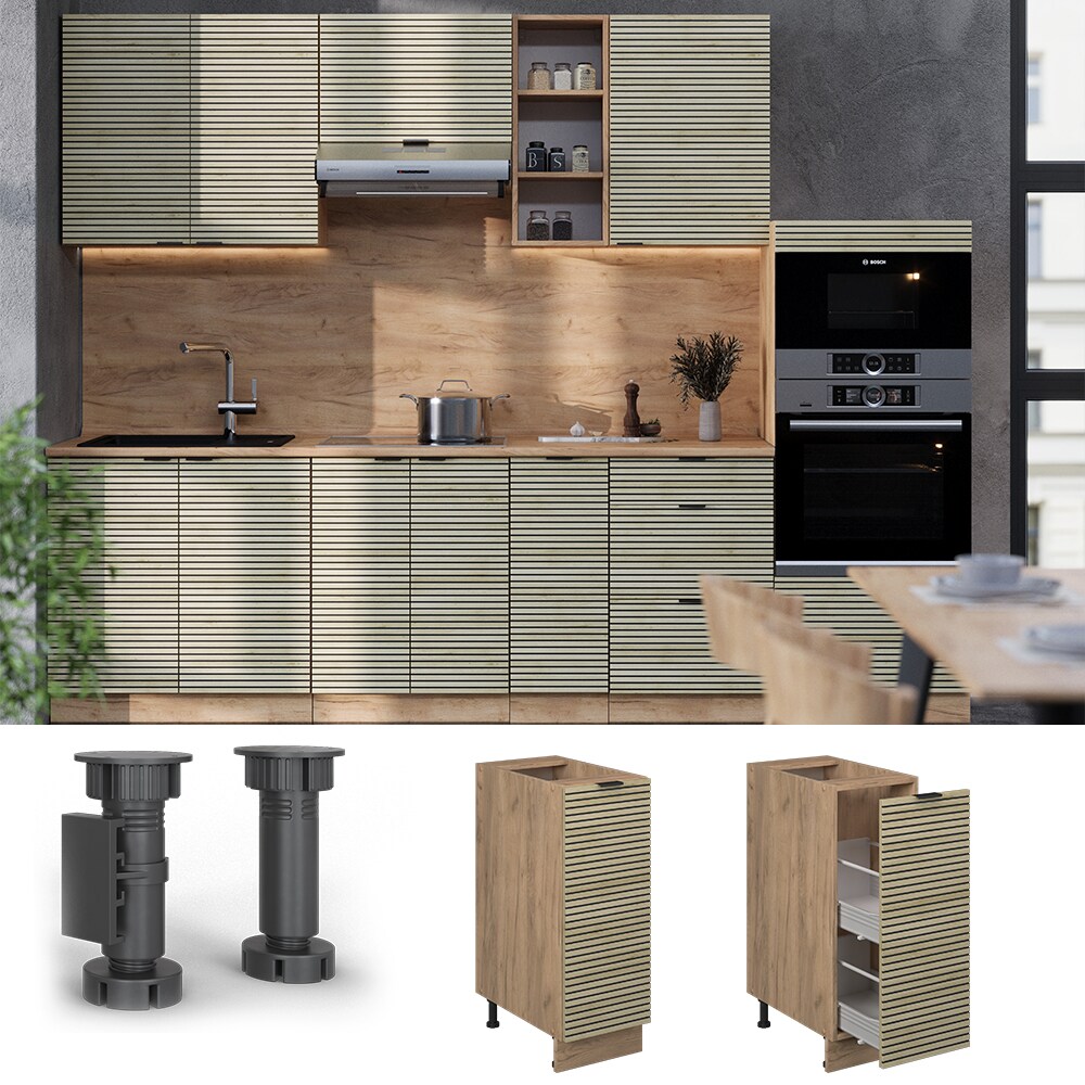 Vicco Apothekerunterschrank Fame-Line Eiche gefräst 30 cm mit Arbeitsplatte Eiche