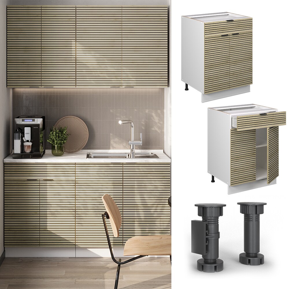 Vicco Schubunterschrank Fame-Line Weiß Eiche gefräst 60 cm mit Arbeitsplatte Eiche