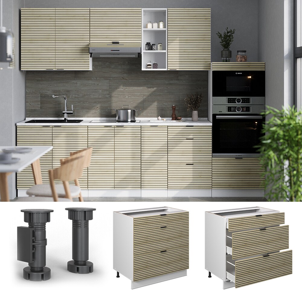 Vicco Schubladenunterschrank Fame-Line Weiß Eiche gefräst 80 cm mit Arbeitsplatte Eiche