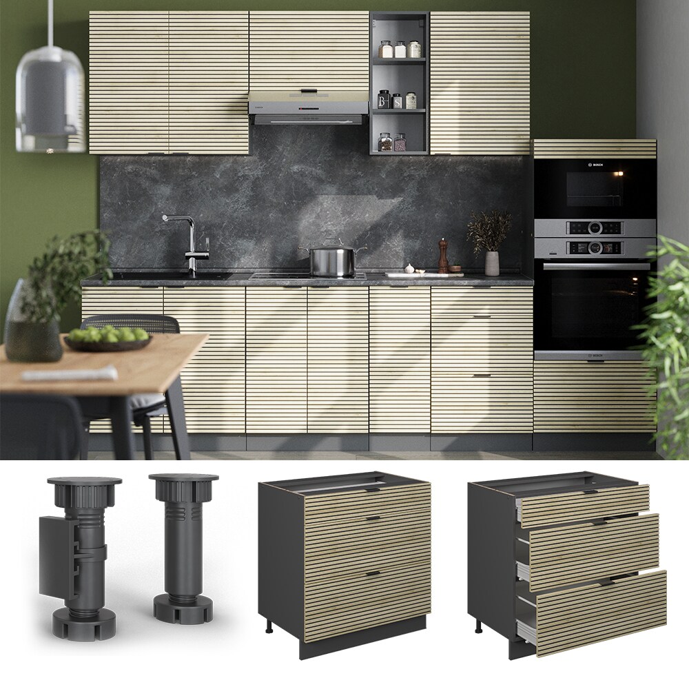 Vicco Schubladenunterschrank Fame-Line Anthrazit Eiche gefräst 80 cm mit Arbeitsplatte Anthrazit