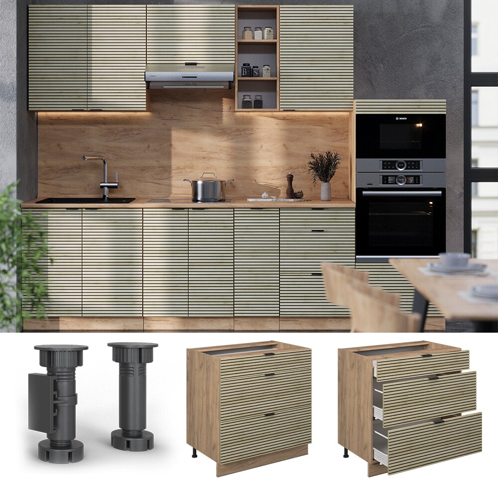 Vicco Schubladenunterschrank Fame-Line Eiche gefräst 80 cm mit Arbeitsplatte Eiche