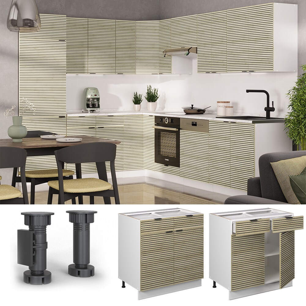 Vicco Schubunterschrank Fame-Line Weiß Eiche gefräst 80 cm mit Arbeitsplatte Eiche