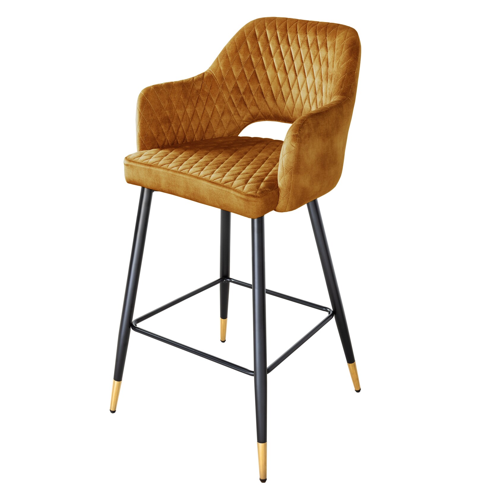 riess-ambiente Barhocker PARIS – senfgelb Samt mit Ziersteppung und goldene Fußkappen | 04251854718658