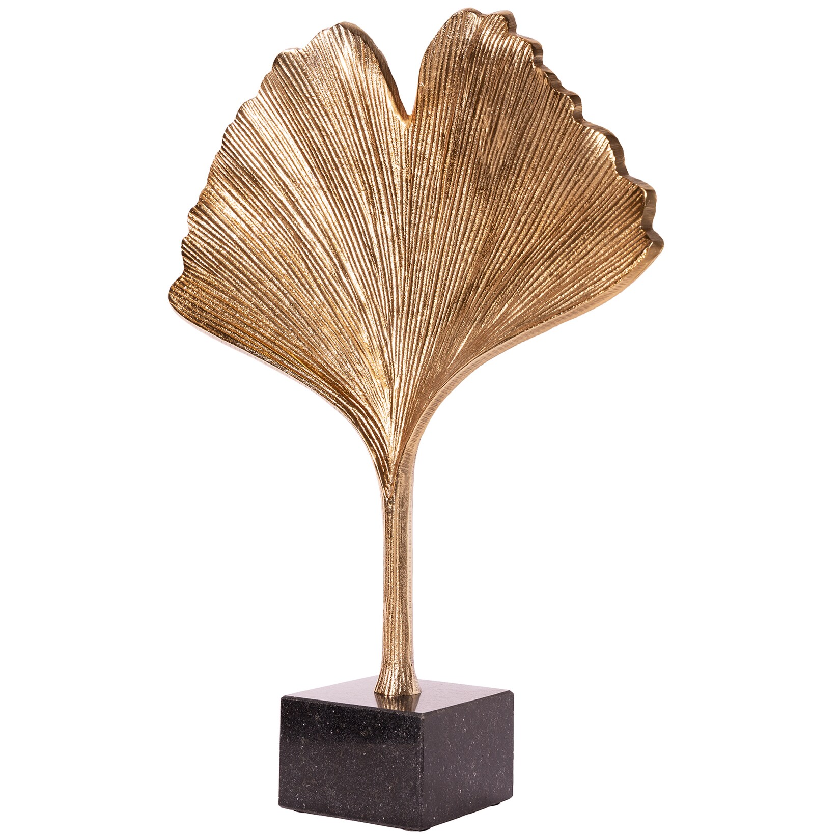 riess-ambiente Skulptur GINKGO LEAF – 44cm gold handmade Metall mit Marmorsockel | 04251561901107