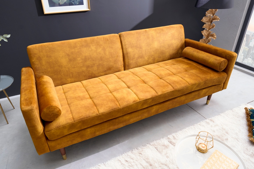riess-ambiente Schlafsofa COUTURE - 196cm senfgelb Microvelours 3-Sitzer Couch Bettfunktion ink. Kissen - Bild 1