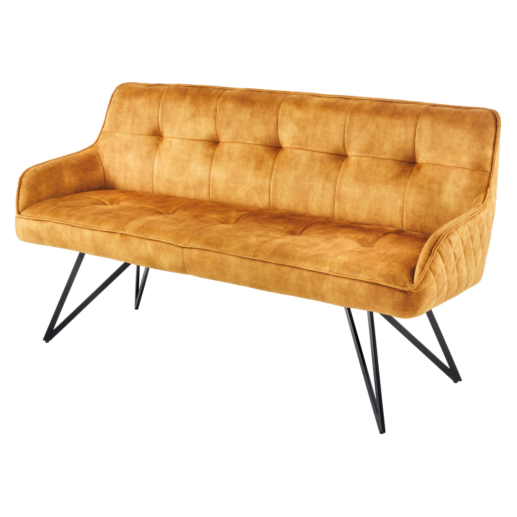 riess-ambiente Sitzbank EUPHORIA - 160cm senfgelb Samt Retrostil Ziersteppung Hairpin Legs Metallbeine Armlehnen - Bild 1