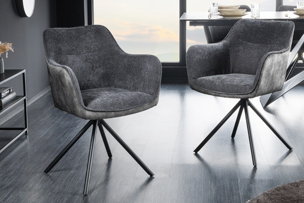 riess-ambiente Stuhl VERONA - dunkelgrau Samt Strukturstoff mit Armlehne Metallbeine schwarz drehbar