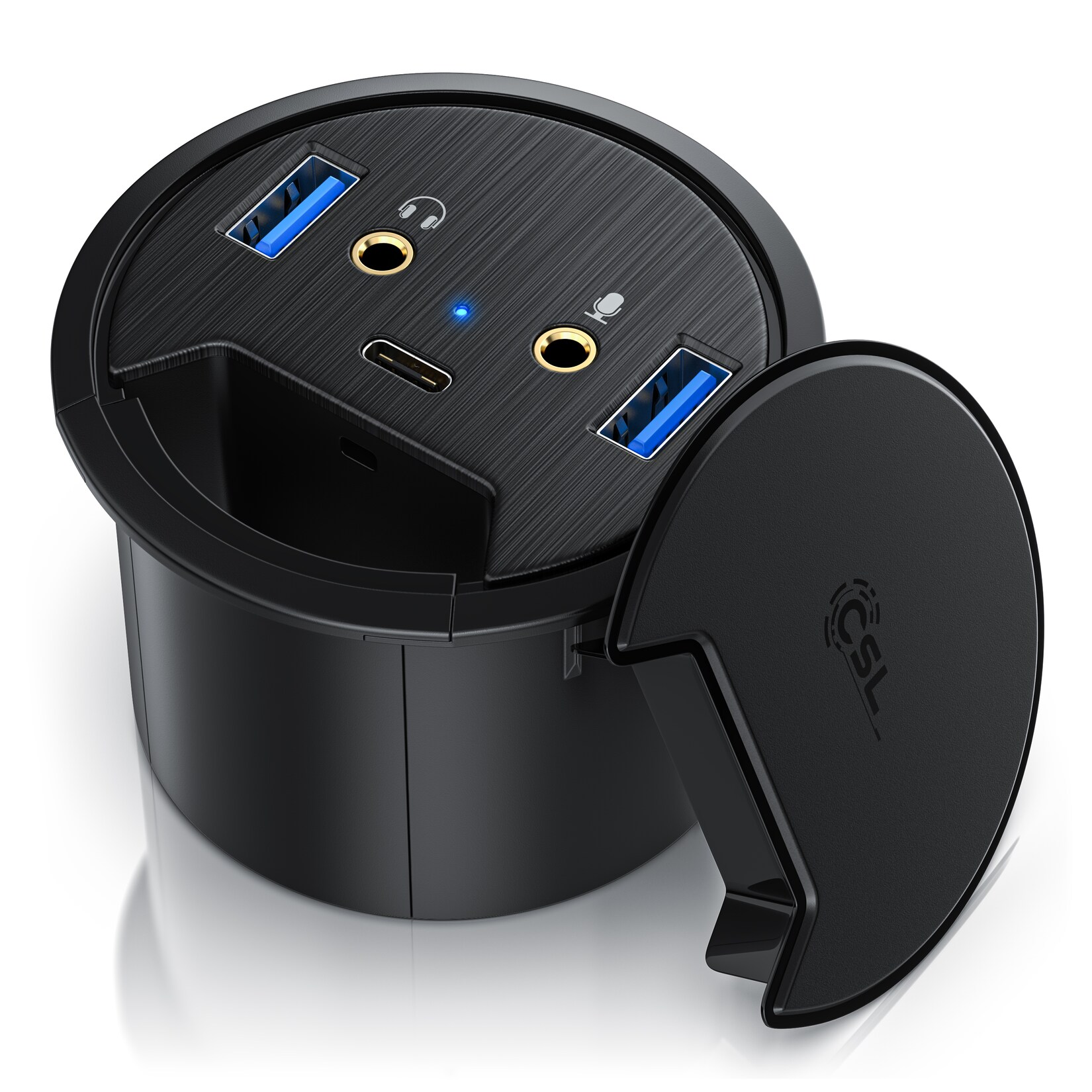 CSL USB 3.2 Gen1 Tisch Kabeldurchführung – Tischkabeldose Multi In Desk USB Hub – 2 x USB 3.2 Gen 1 – 1 x USB C 3.2 Gen1 – 2 x 3,5mm Klinke | 04061474126715