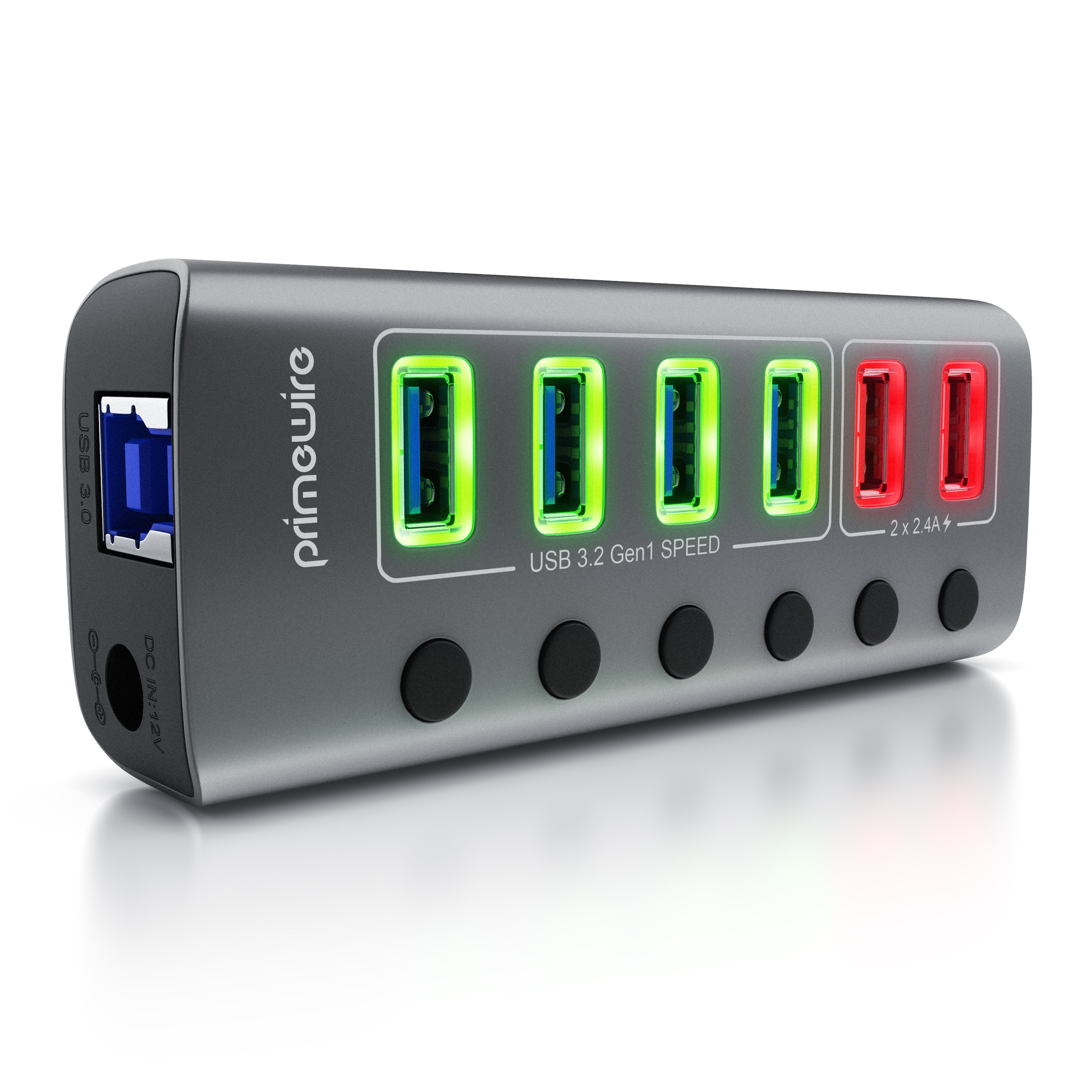 Primewire - USB 3.2 Gen.1 6 Port Hub aktiv schaltbar - mit Netzteil - 4 x USB 3.2 Gen1, 2X USB 3.0 mit smart Charge (Ladeports) - Alugeh&auml;use grau - Bild 1