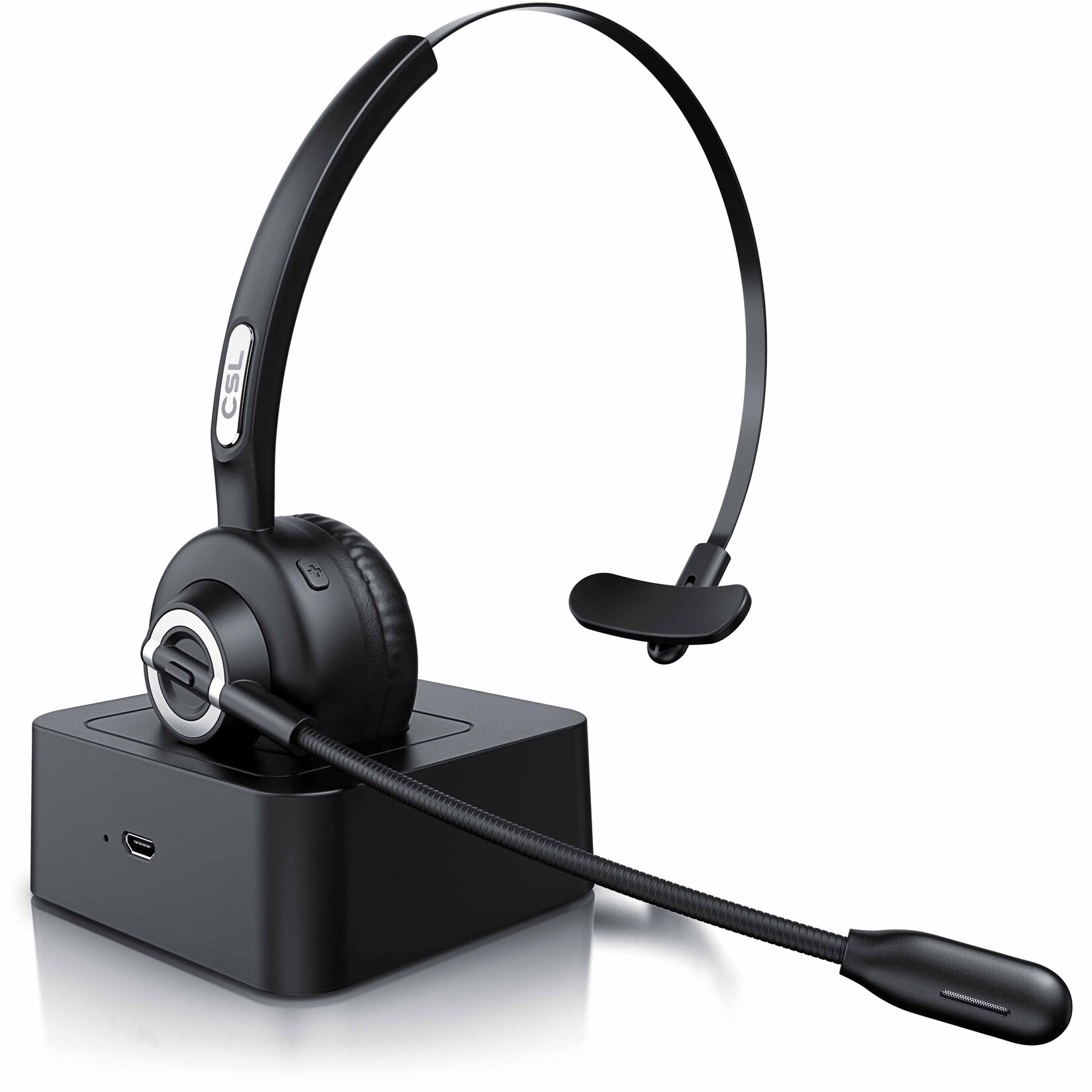 CSL – kabelloses Headset mit Ladestation – Mono Bluetooth Headset mit Mikrofon – USB Ladeport – Multipoint, Rauschunterdrückung – leicht | 04062861844199
