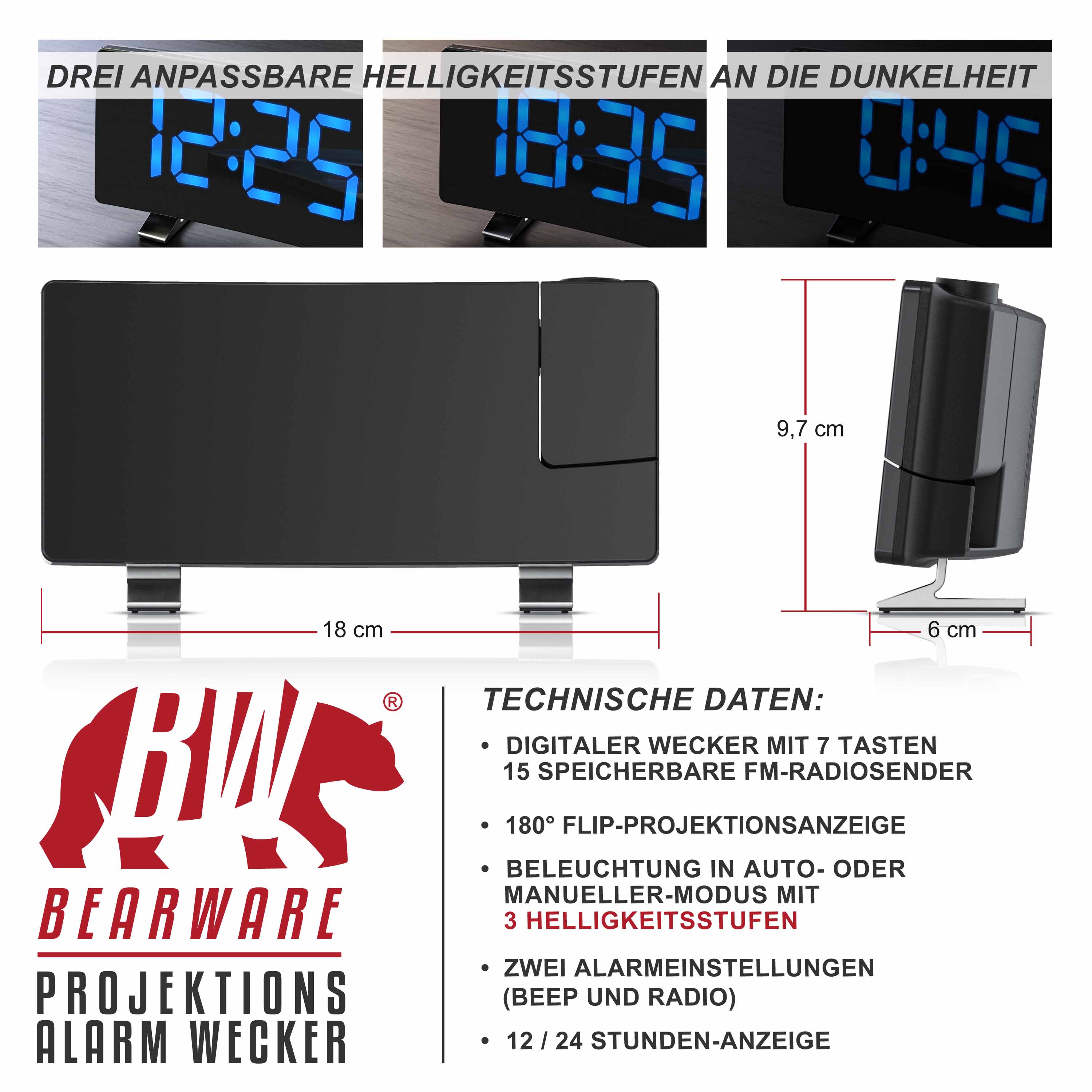 Brandson Projektionswecker Dimmer, 15 FM Radiospeicher, gro&szlig;e blaue Ziffern, Snooze 5-60 min. Projektions Radio Wecker digital, 7 Tasten, 2 Weckalarme, USB Kabel - Bild 1