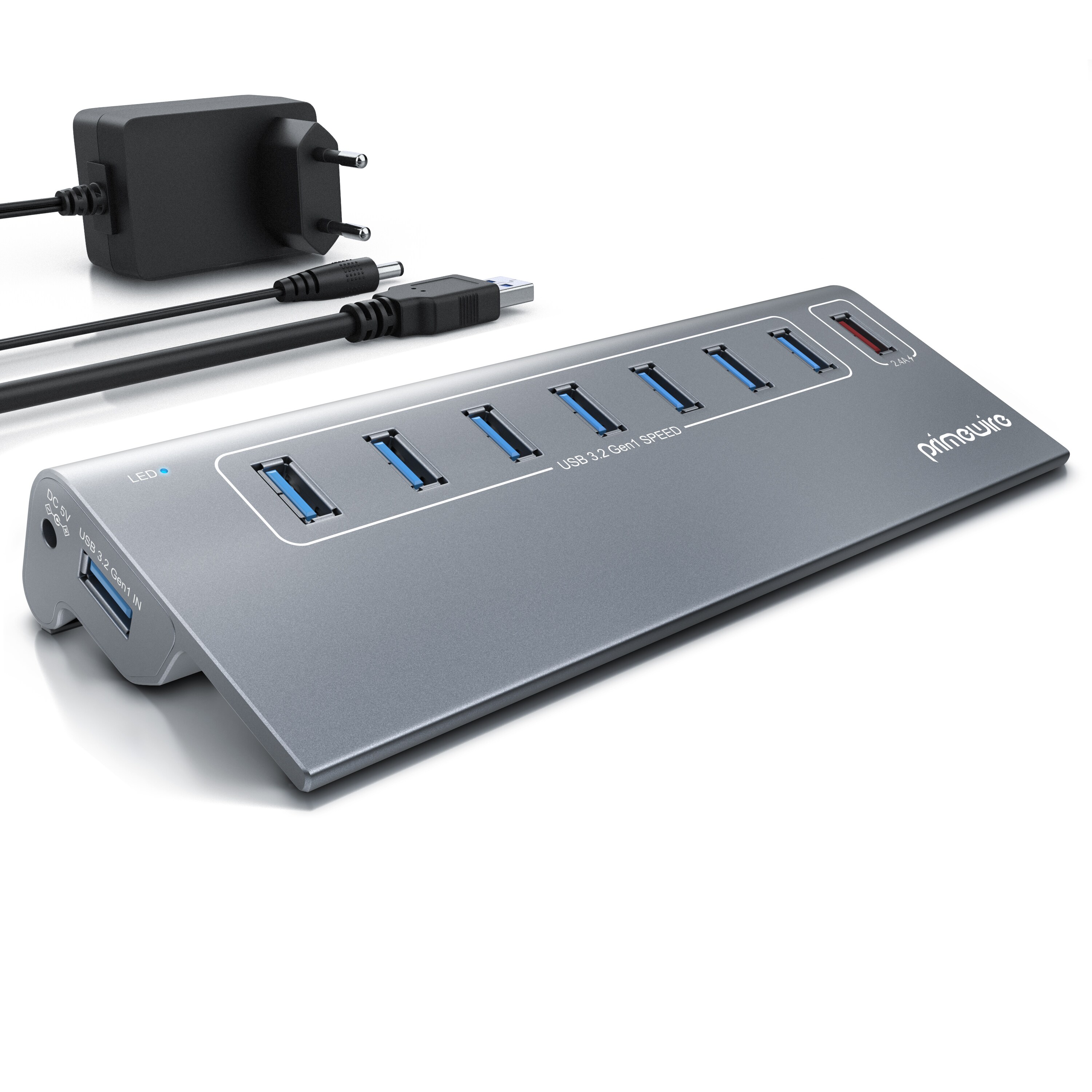 Primewire 8 Port USB 3.2 Gen.1 Port Hub - 8 x USB 3.2 Gen1, Davon 1x USB Ladeport smart Charge - 8 Port Verteiler mit Netzteil - Alugeh&auml;use - f&uuml;r PC - Bild 1