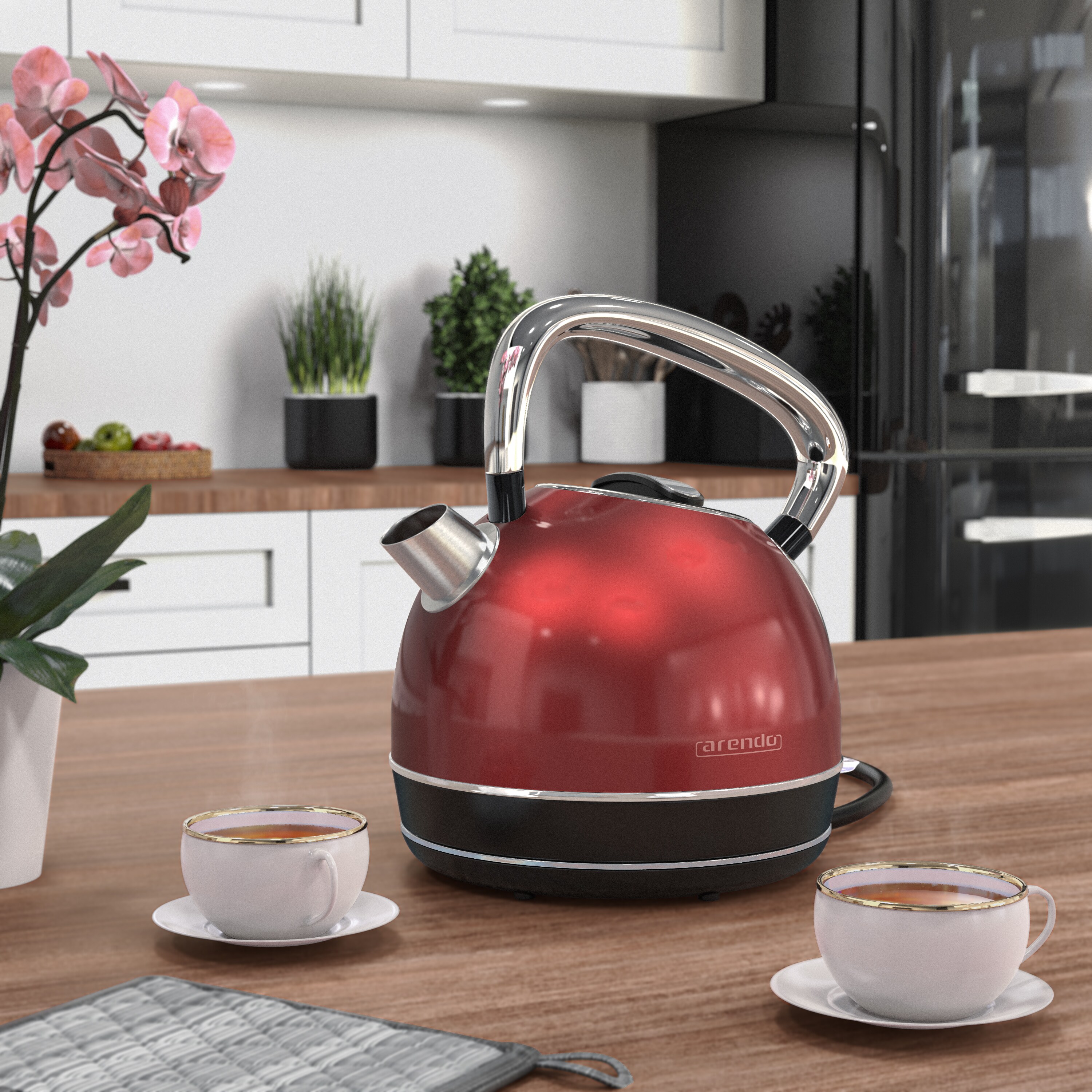 Arendo Retro Wasserkocher Edelstahl, Vintage Style, 1,7 L, 2200 W, austauschbarer Kalkfilter, automatische Abschaltung, Rot online kaufen bei Netto