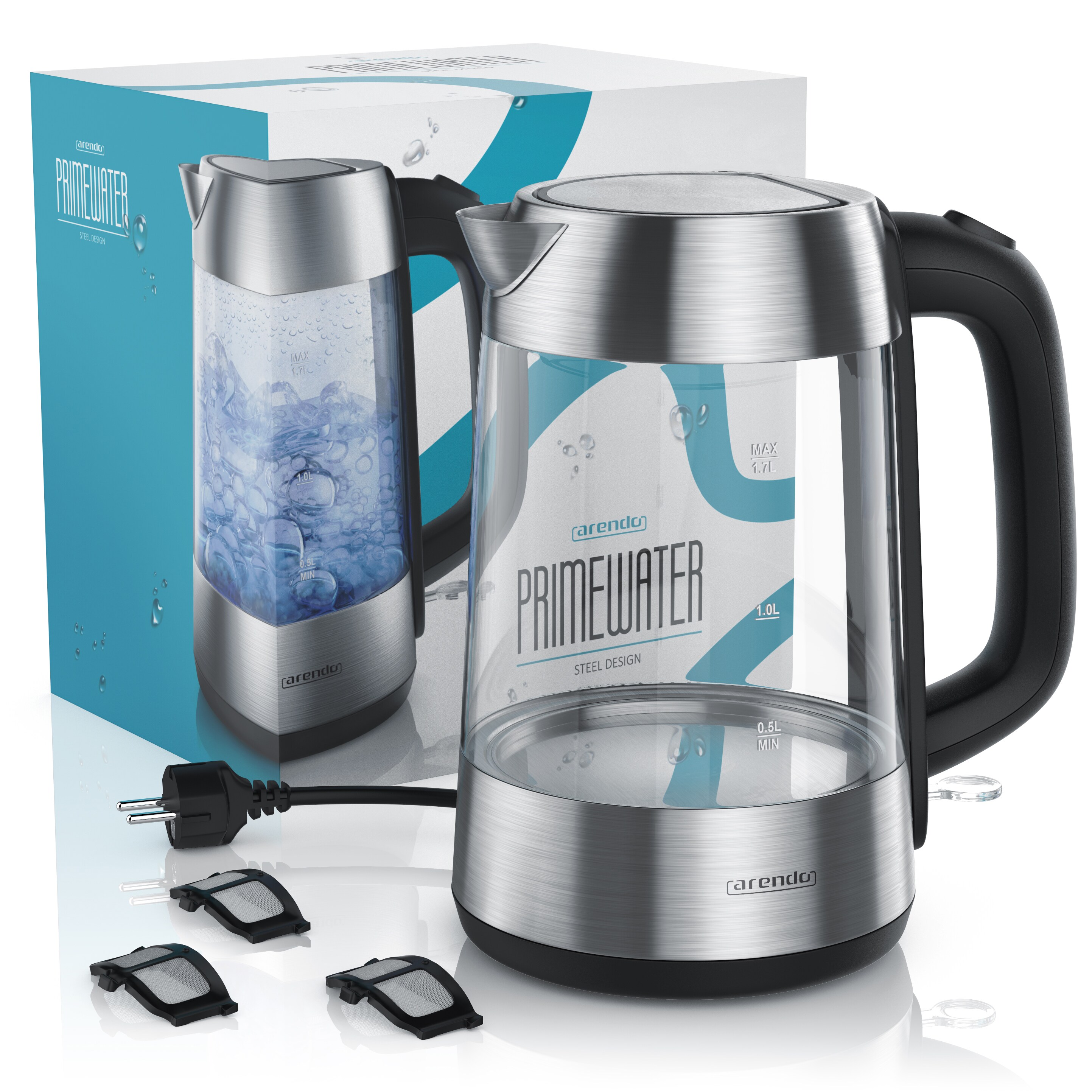 Arendo Wasserkocher Glas Edelstahl, 1,7 Liter, 2200 Watt, mit Überhitzungsschutz & Trockengehschutz, Silber