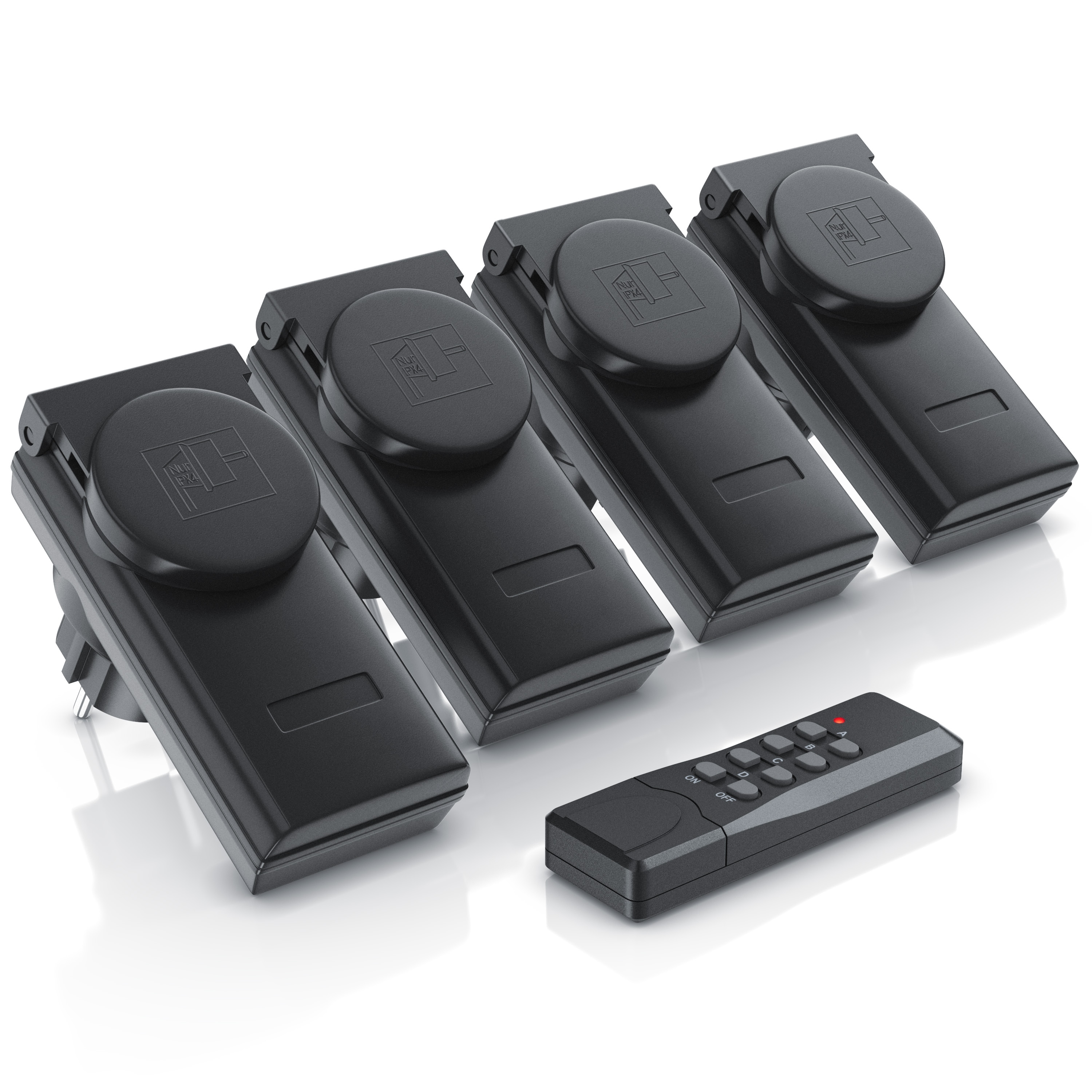 Arendo Outdoor Funksteckdosen-Set f&uuml;r den Au&szlig;enbereich - 4x Funkschalter / 1x Fernbedienung / IP44 - Bild 1