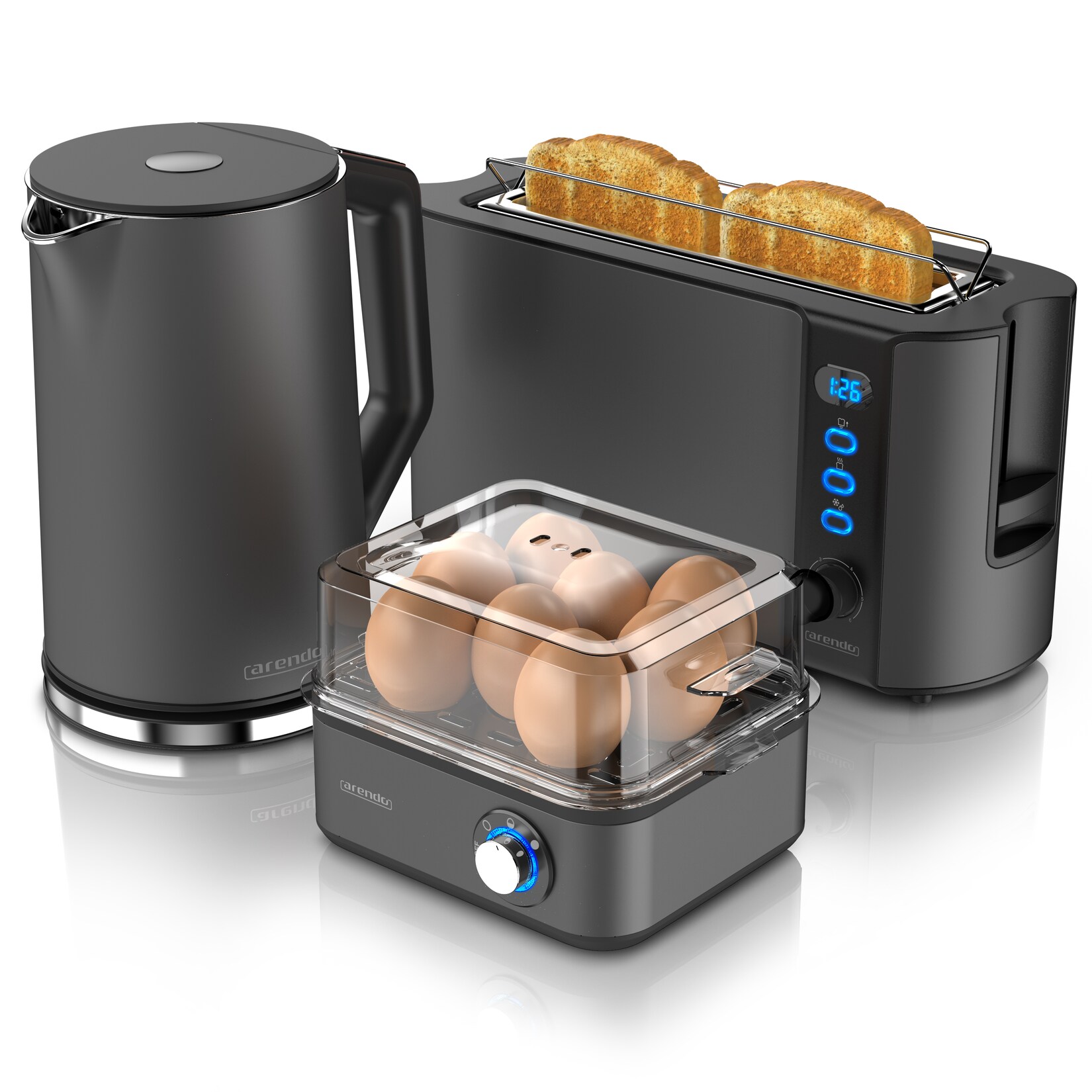 Arendo Frühstücks-Set in grau – Wasserkocher / Toaster / Eierkocher | 04062861057315