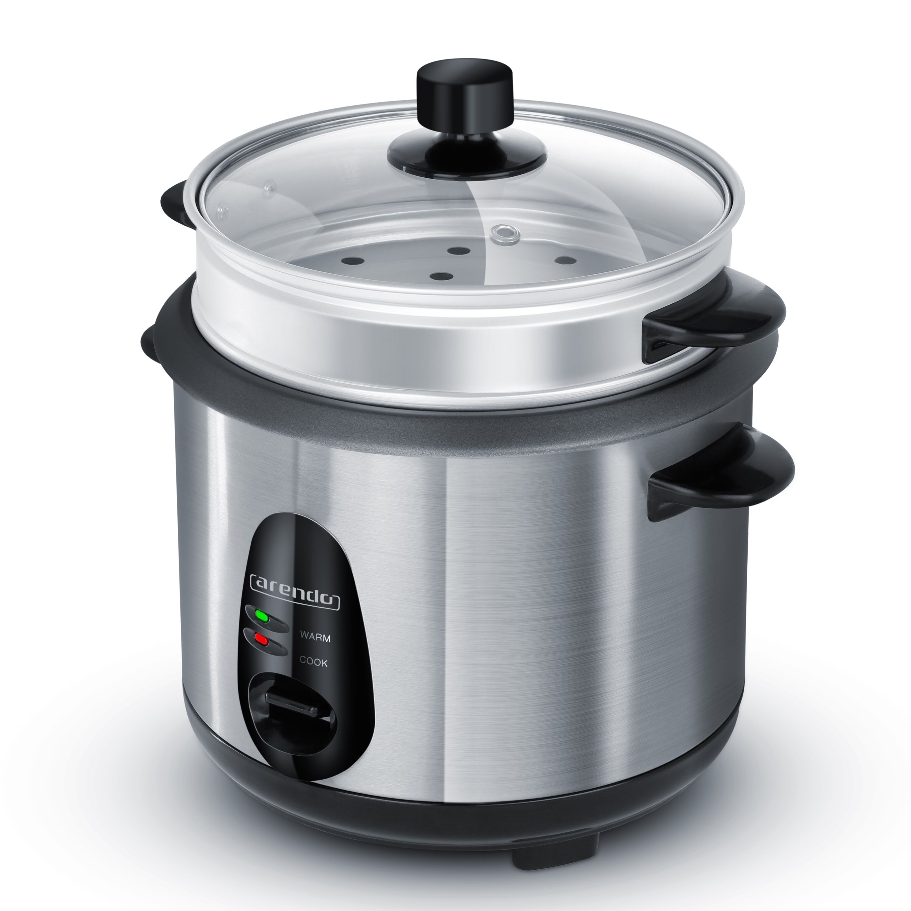 Arendo Reiskocher 1L mit Glasdeckel, 400W, Edelstahl, Dampfgaraufsatz, Warmhaltefunktion, EDO, Silber - Bild 1