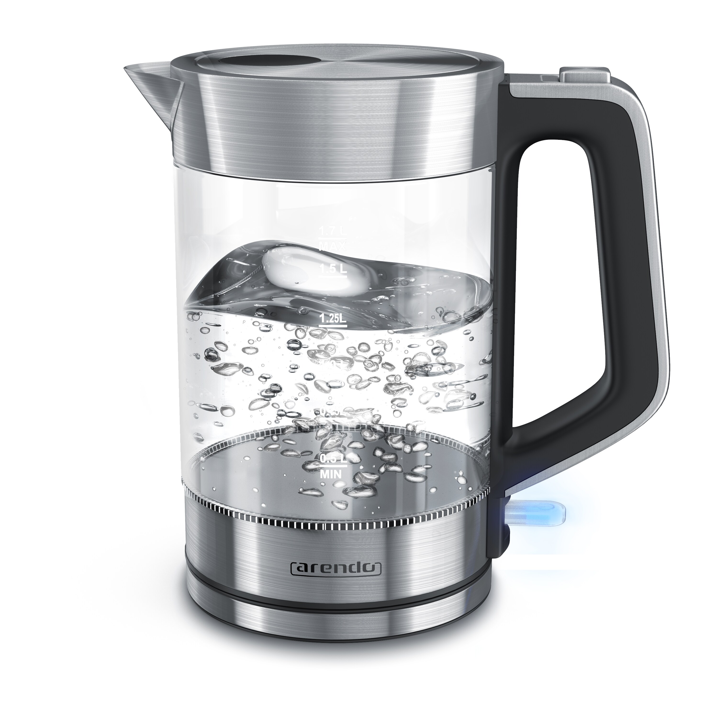 Arendo Wasserkocher mit Cool-Touch-Griff, Glas-Wasserkocher, 1,7 L, 2200 W, hochwertiges Edelstahl, Silber - Bild 1
