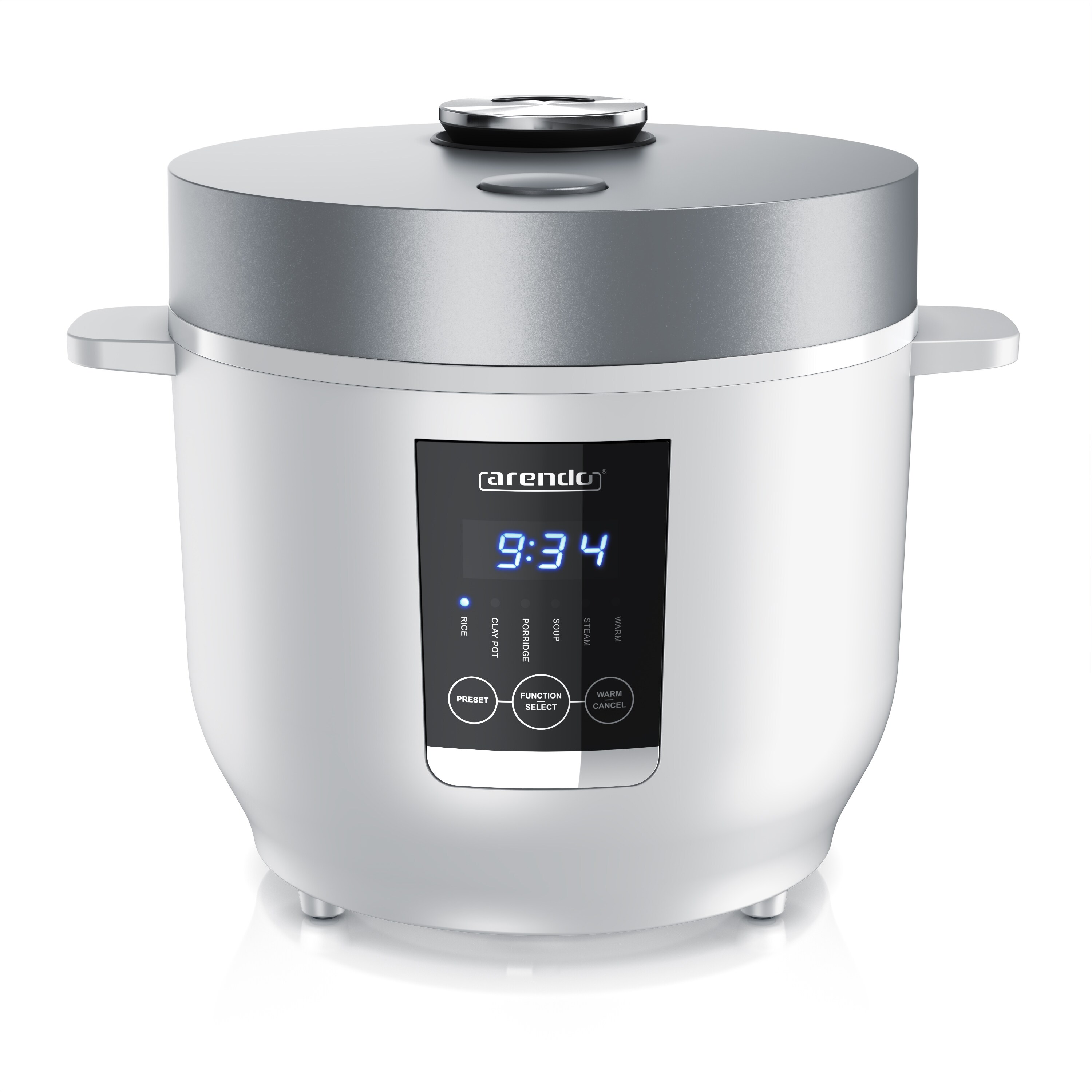 Arendo Digitaler Reiskocher mit 5 Programmen, 350W, 2 Liter, Timer- und Warmhaltefunktion, BPA-frei, inkl. Messbecher & Reisl&ouml;ffel, Wei&szlig;/Silber - Bild 1