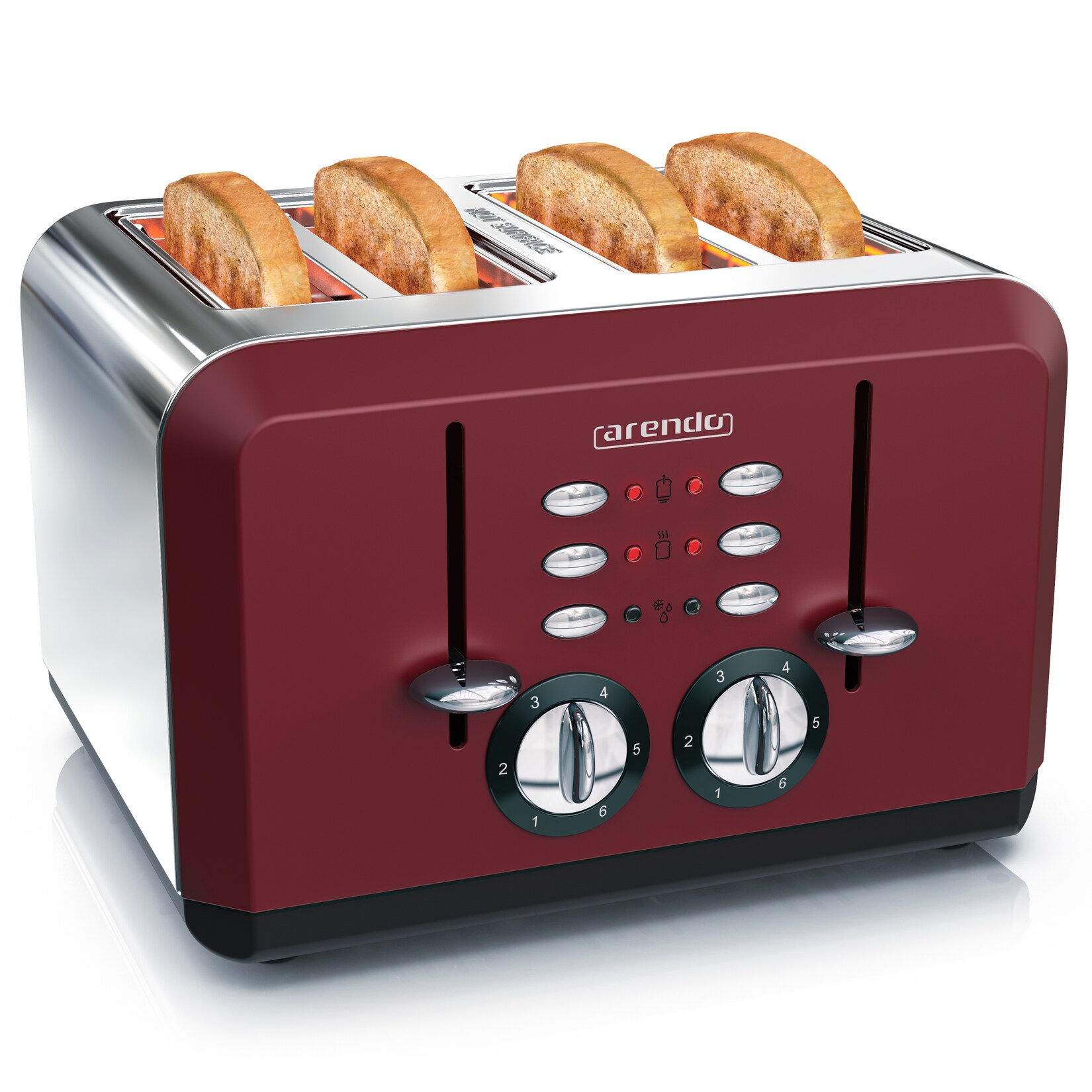 Toaster 4-Schlitz im Edelstahlgehäuse für 4 Scheiben, extrabreite Röstschlitze, leichte Reinigung, Rot