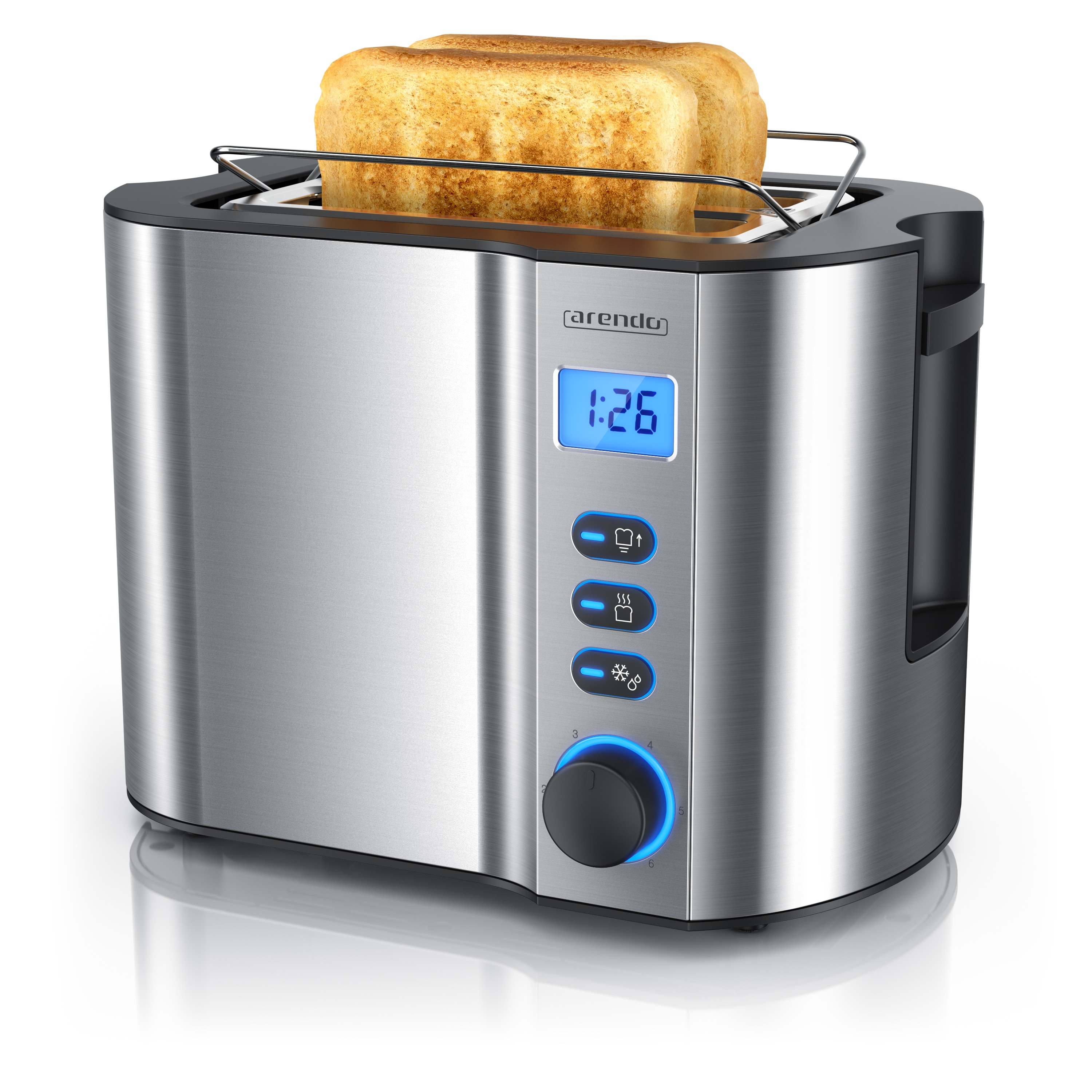 Arendo Toaster f&uuml;r 2 Scheiben mit Restzeitanzeige, 800W, w&auml;rmeisolierendes Doppelwandgeh&auml;use, Br&ouml;tchenaufsatz, Auftaufunktion, Silber - Bild 1