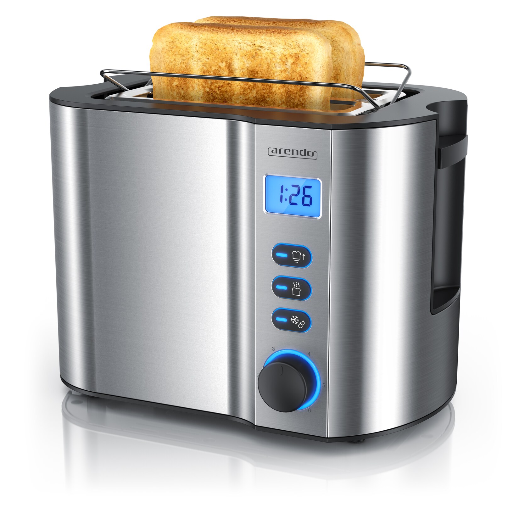 Arendo Toaster für 2 Scheiben mit Restzeitanzeige, 800W, wärmeisolierendes Doppelwandgehäuse, Brötchenaufsatz, Auftaufunktion, Silber | 04062861808474