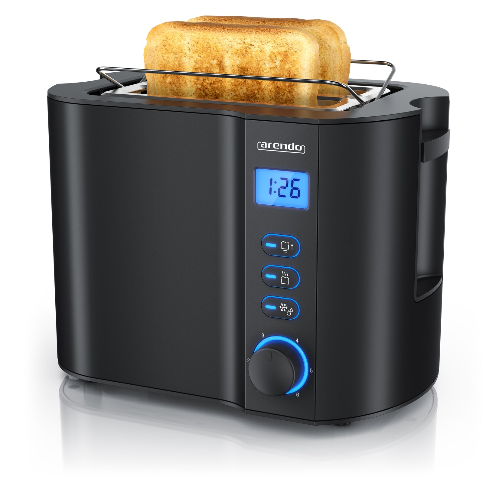 2-Scheiben Toaster mit 6 Bräunungsstufen, LCD-Display mit Restzeitanzeige, 800 Watt, Auftaufunktion, Brötchenaufsatz, Schwarz