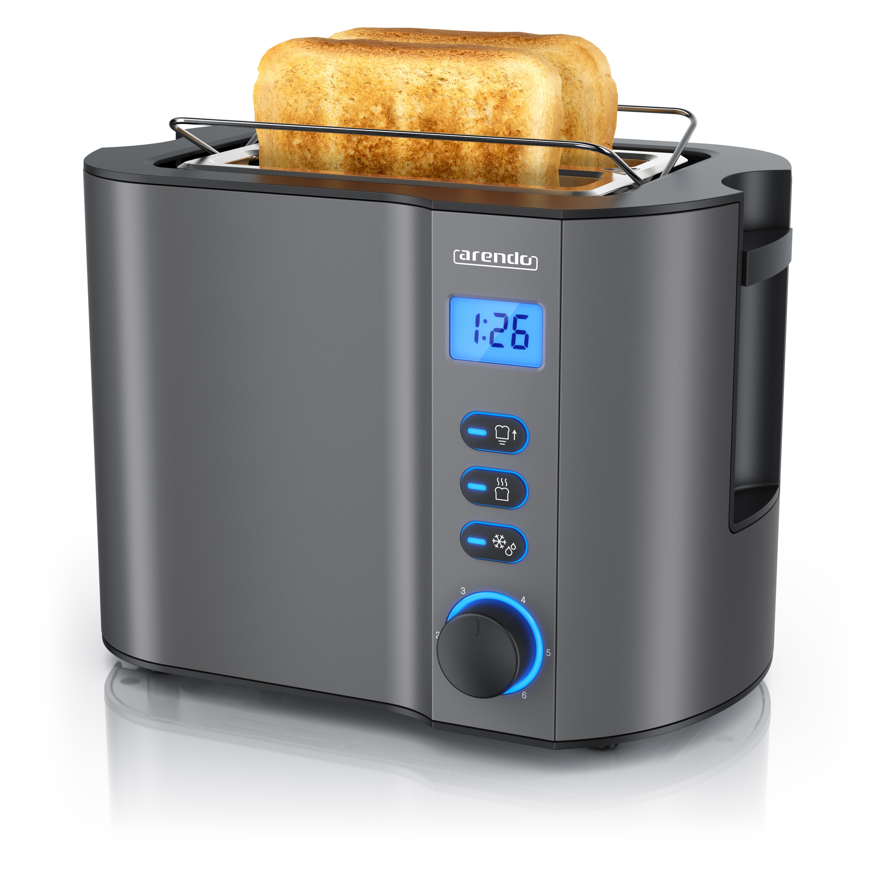 Arendo MANHA Toaster mit Restzeitanzeige, 2 Toastschlitze, integrierter Br&ouml;tchenaufsatz, 6 Stufen, Auftaufunktion, 800W, Grau - Bild 1