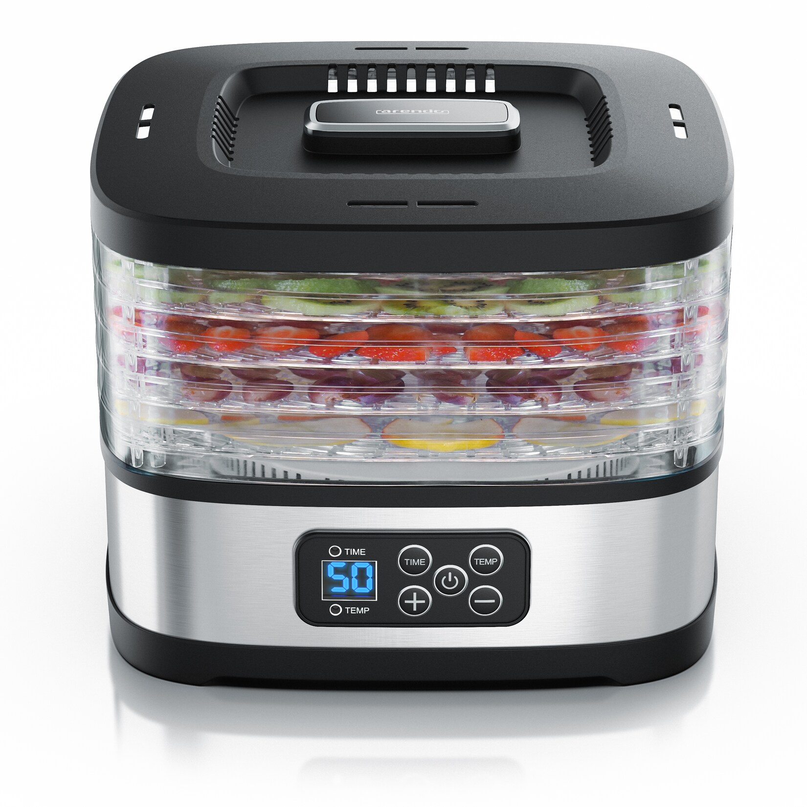 Arendo Dörrautomat mini mit Temperaturregler – Dehydrator – 5 Etagen – Timer 1 bis 72 h – 5 Einlegefächer – je Fach zwei Höhen – Food Fleisch Kräuter | 04062861843277