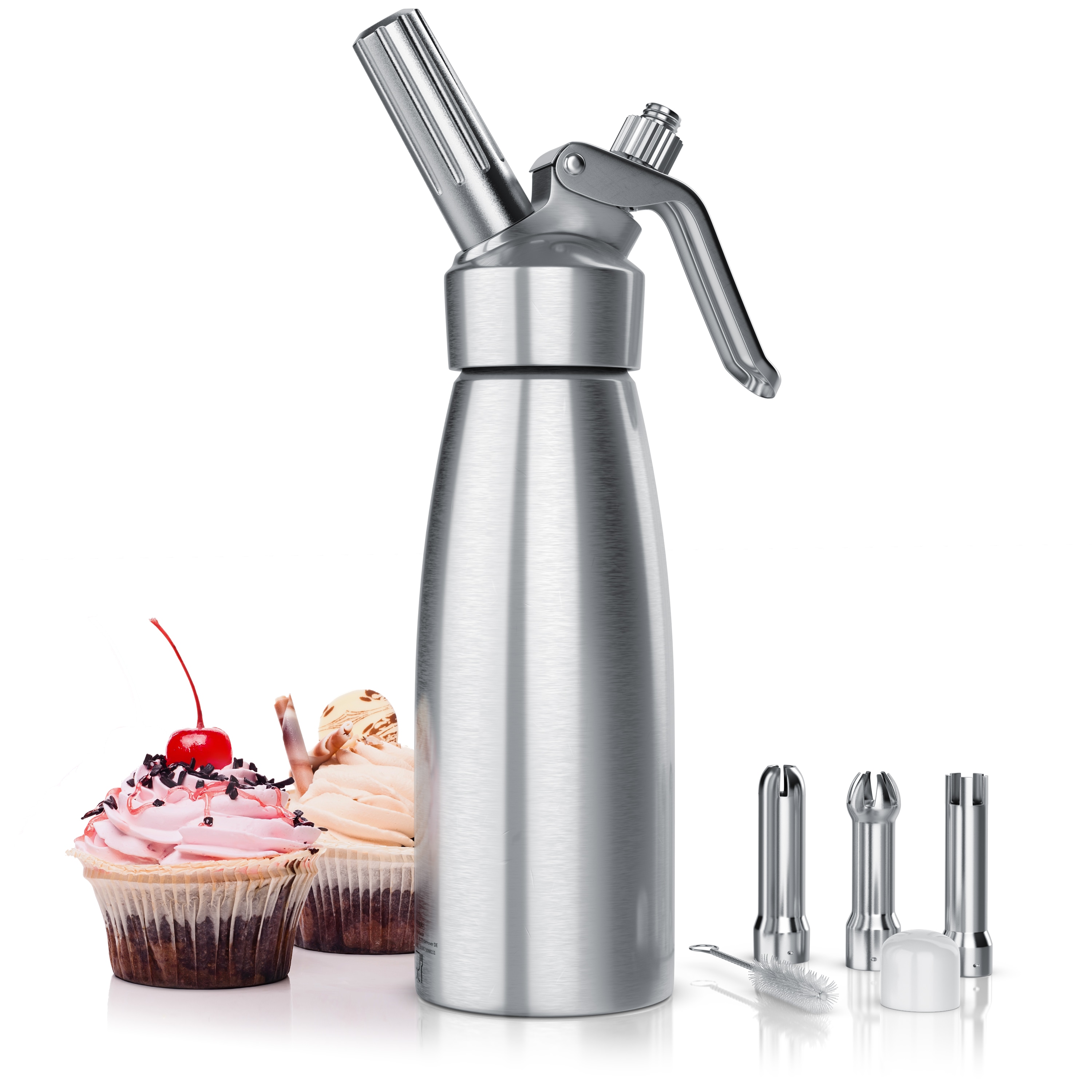 Arendo Profi Sahnespender 500ml, Sahnesyphon, 3 Edelstahldüsen, inkl. Reinigungsbürste