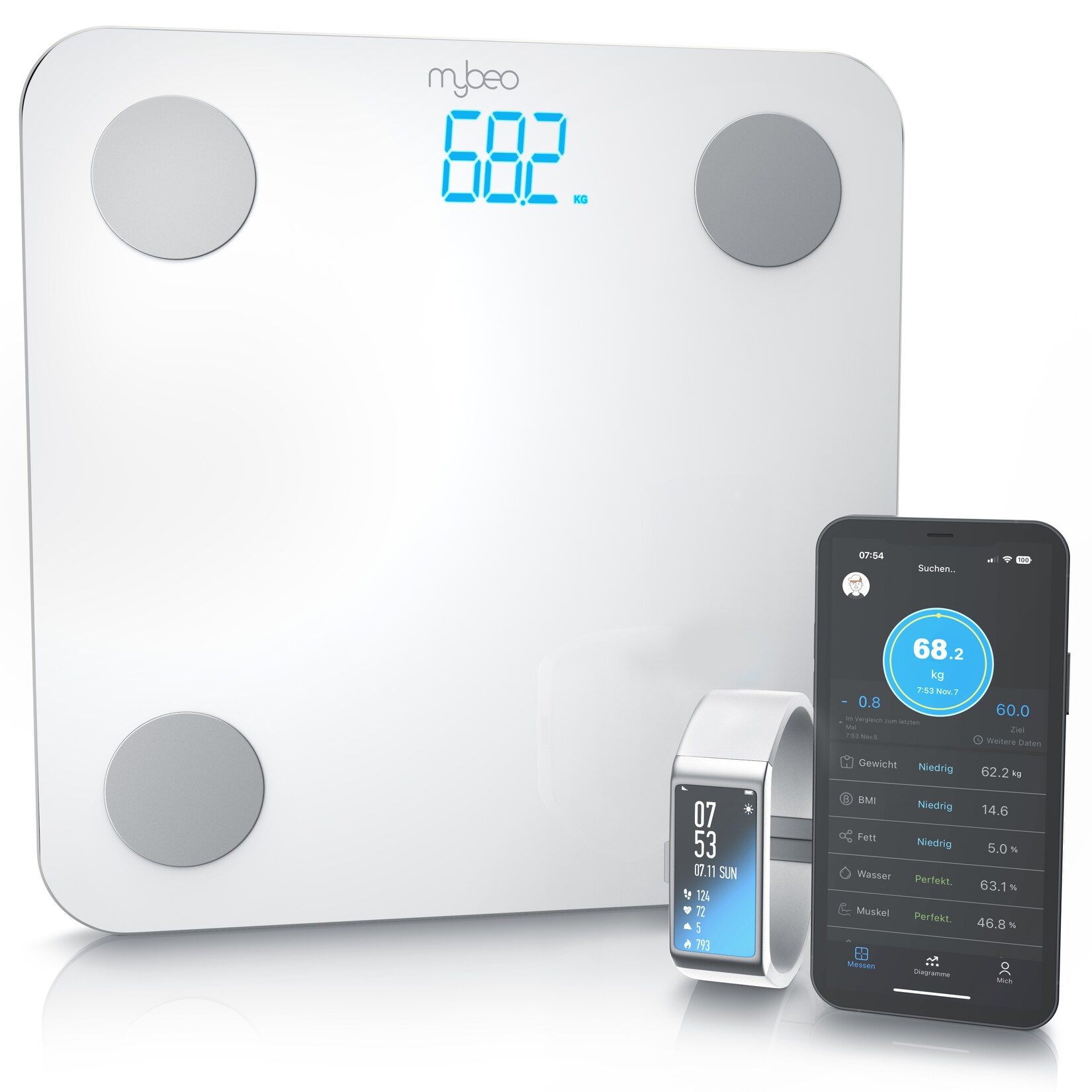 MyBeo Digitale Bluetooth Körperfettwaage Diagnosewaage mit App-Steuerung  weiß | 04061474005935