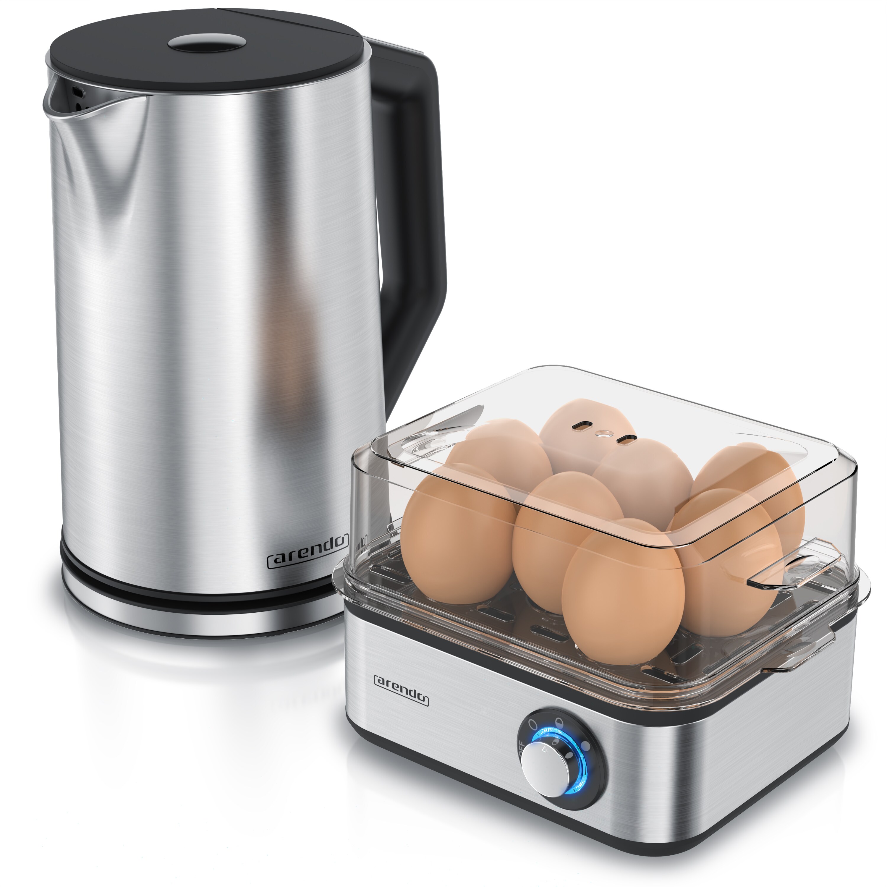 Arendo Fr&uuml;hst&uuml;cks-Set, 8er Eierkocher EIGHTCOOK, Wasserkocher mit Temperatureinstellung, Silber - Bild 1