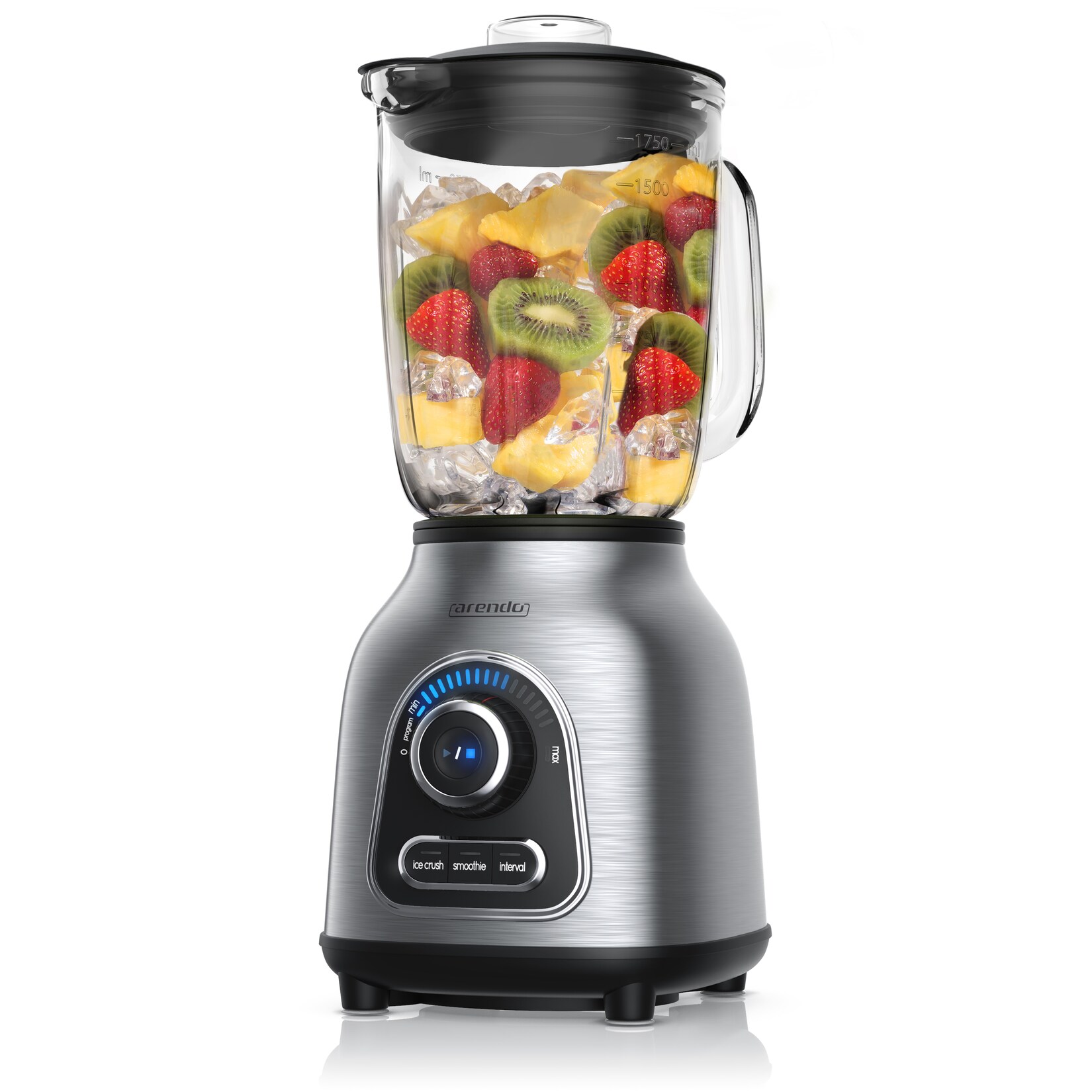 Arendo Standmixer Edelstahl, 1400 Watt, Glas Smoothie Mixer / Maker Ice Crush Funktion Milchshaker, 1,75 Liter Glasbehälter, Silber/Schwarz | 04251259196792