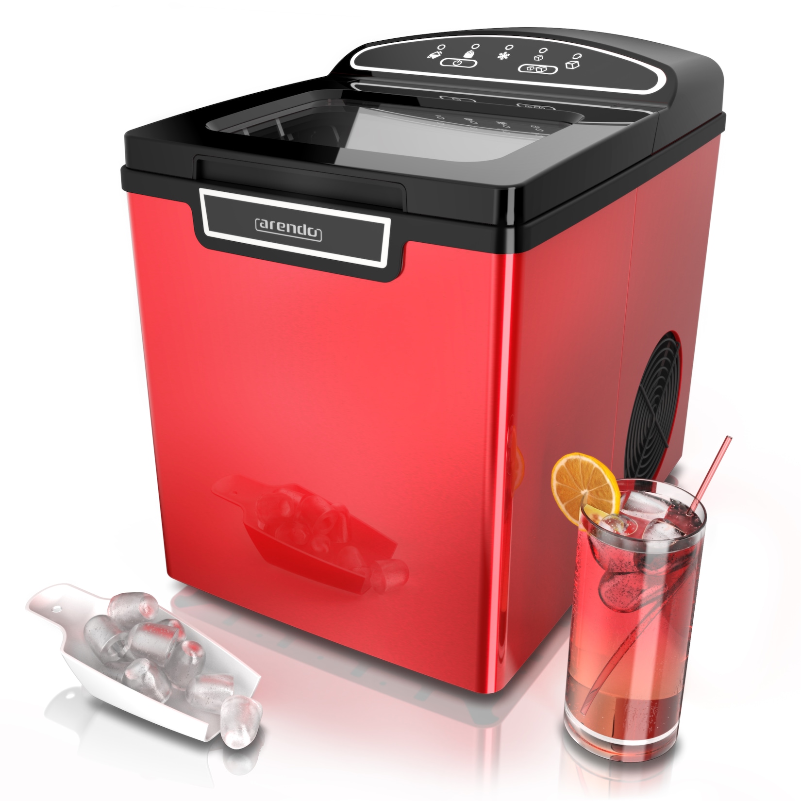 Arendo Eiswürfelbereiter, Eiswürfelmaschine, Ice Cube Maker, Wassertank 1,8 Liter, 12 bis 15 kg Eiswürfel in 24h, leise, Rot | 04062861070727