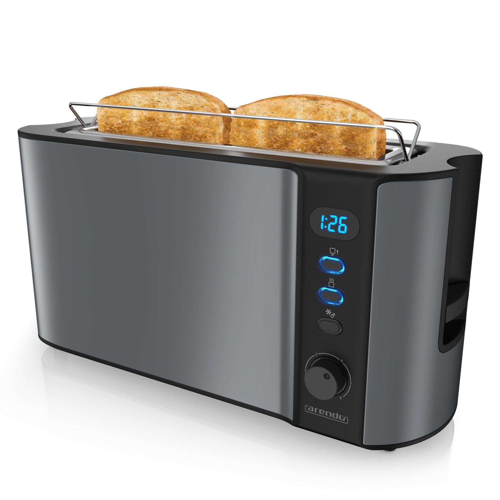 Toaster Langschlitz für 2 Scheiben, 1000 W, Brötchenaufsatz, Wärmeisoliert, Display, grau