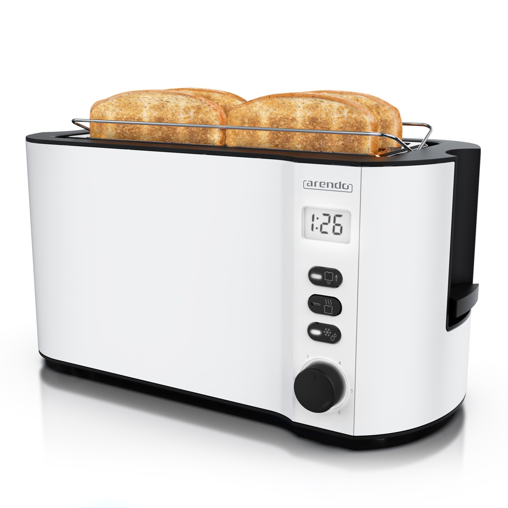 Langschlitz-Toaster für 4 Scheiben, Doppelwandgehäuse, integrierter Brötchenaufsatz, Bräunungsgrade 1-6, Brotzentrierung