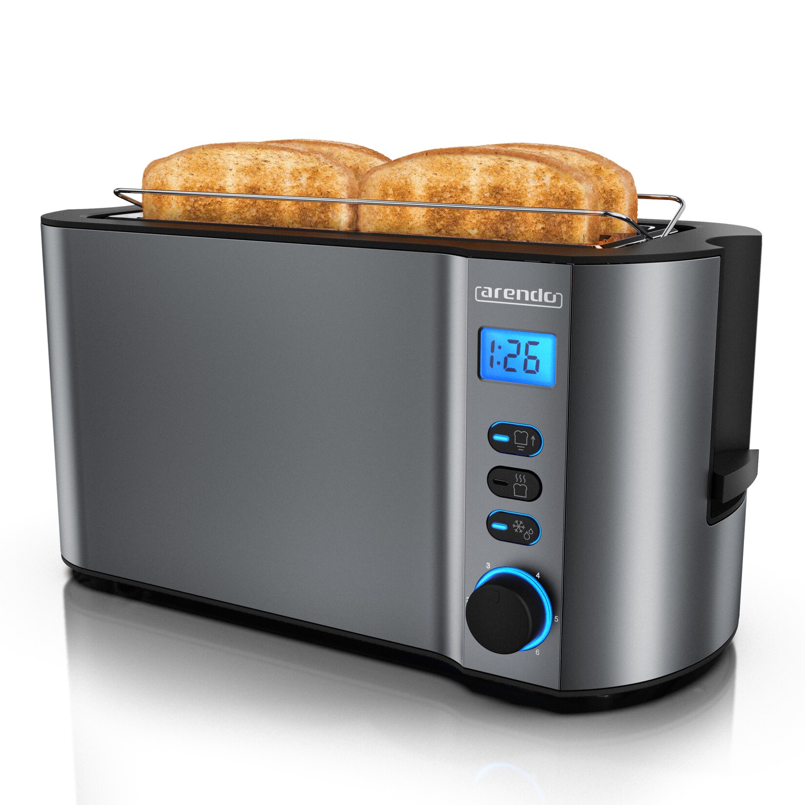 Langschlitztoaster 4 Scheiben, Edelstahl Toaster mit Restzeitanzeige, 1500W, Doppelwandgehäuse, Brötchenaufsatz, 6 Bräunungsgrade