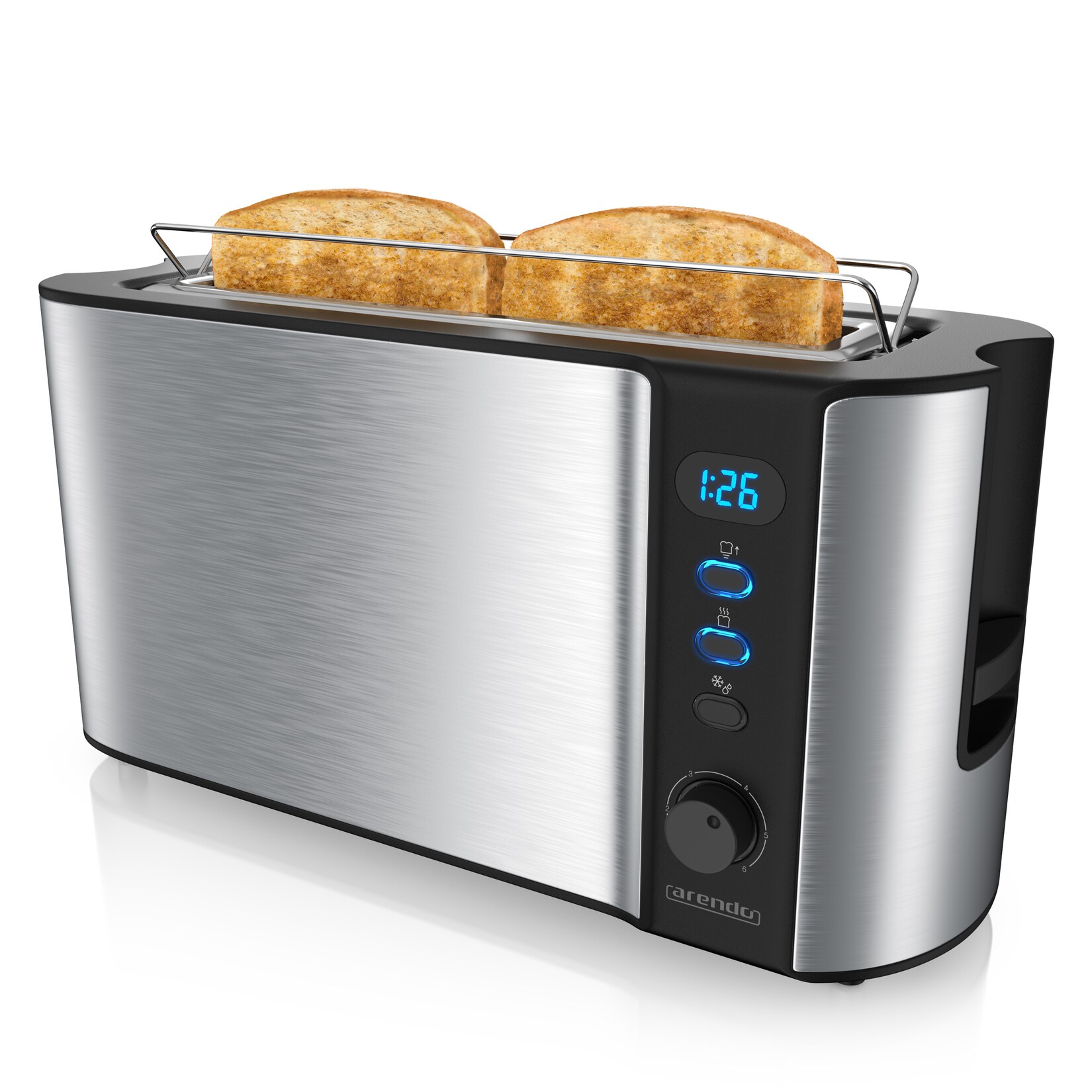 Toaster Langschlitz für 2 Scheiben, 1000 W, Brötchenaufsatz, Wärmeisoliert, Display, Edelstahl