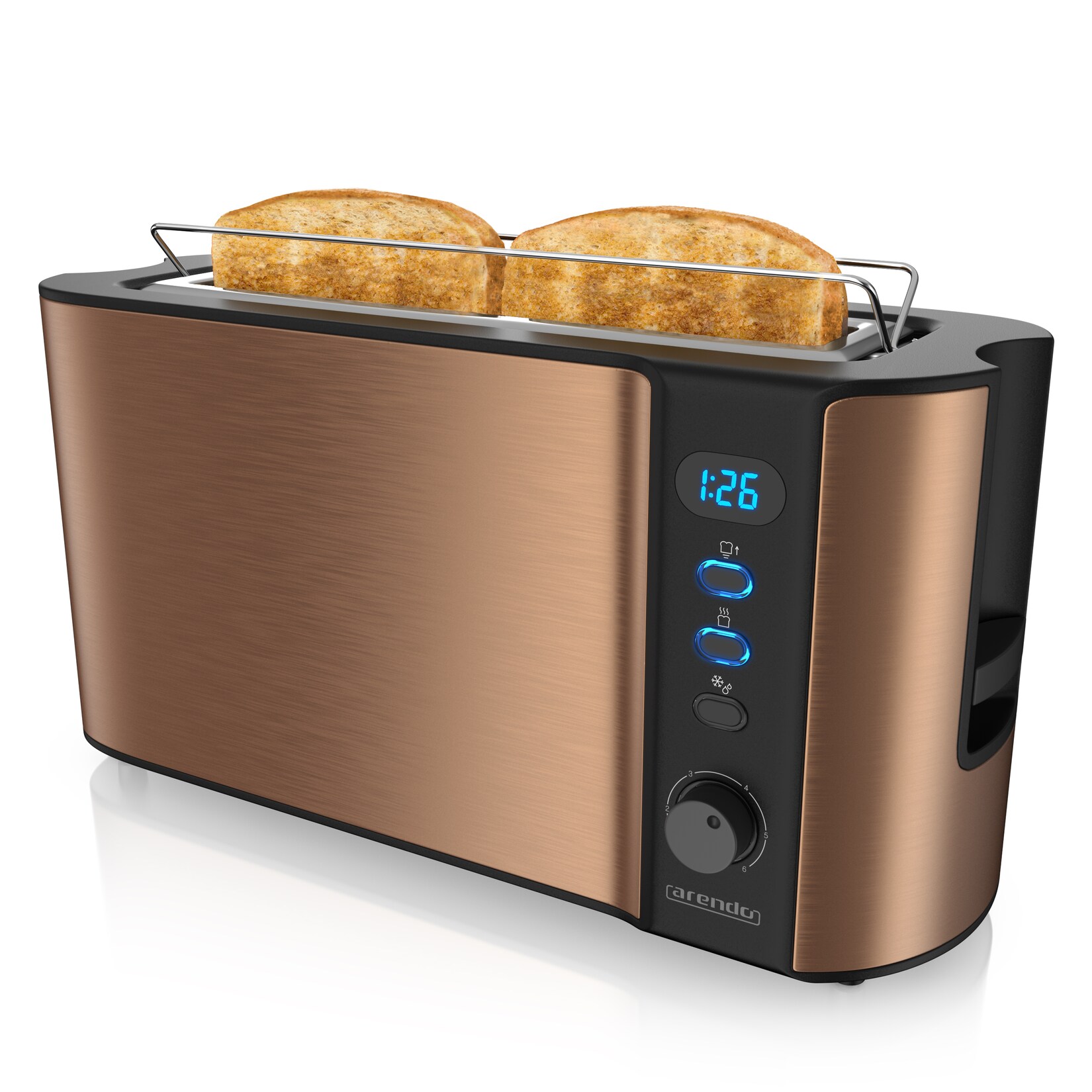 Toaster Langschlitz für 2 Scheiben, 1000 W, Brötchenaufsatz, Wärmeisoliert, Display, Kupfer