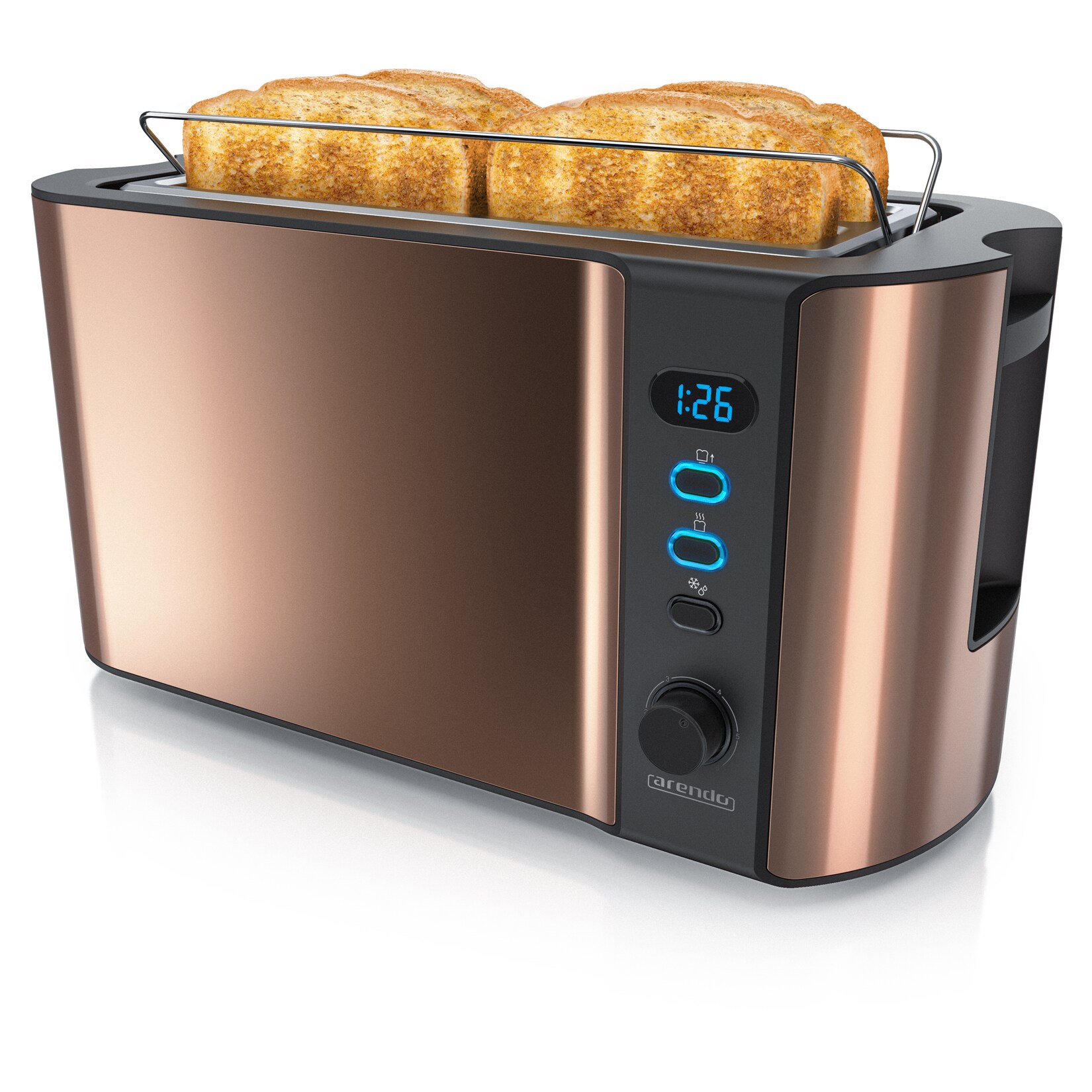 Toaster für 4 Scheiben, 1500W, Langschlitz, Brötchenaufsatz, Wärmeisoliert, Display, Kupfer