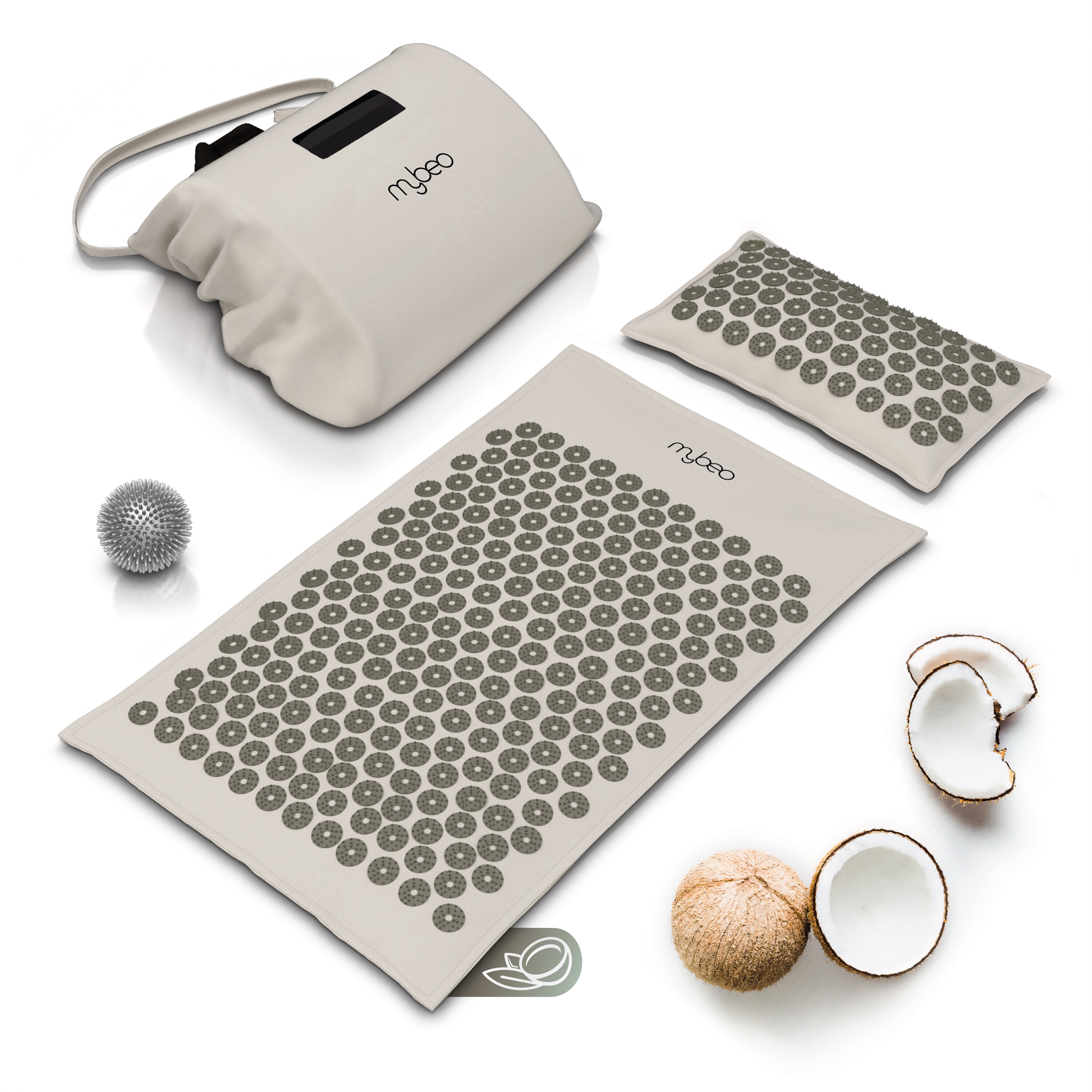 MyBeo Akupressurmatte im Set mit Matte, Kissen und Massageball inkl. Transporttasche, Beige