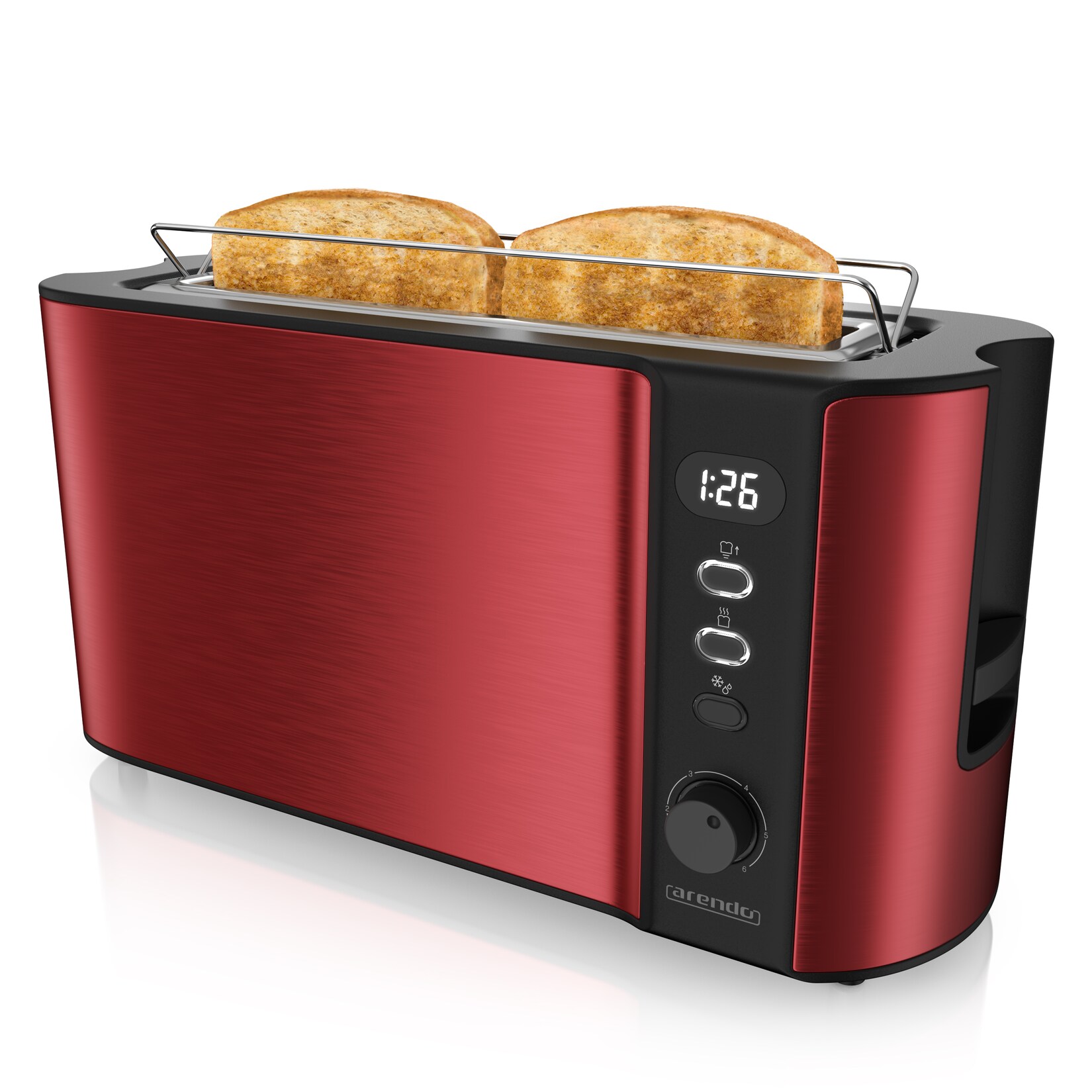 Toaster Langschlitz für 2 Scheiben, 1000 W, Brötchenaufsatz, Wärmeisoliert, Display, rot