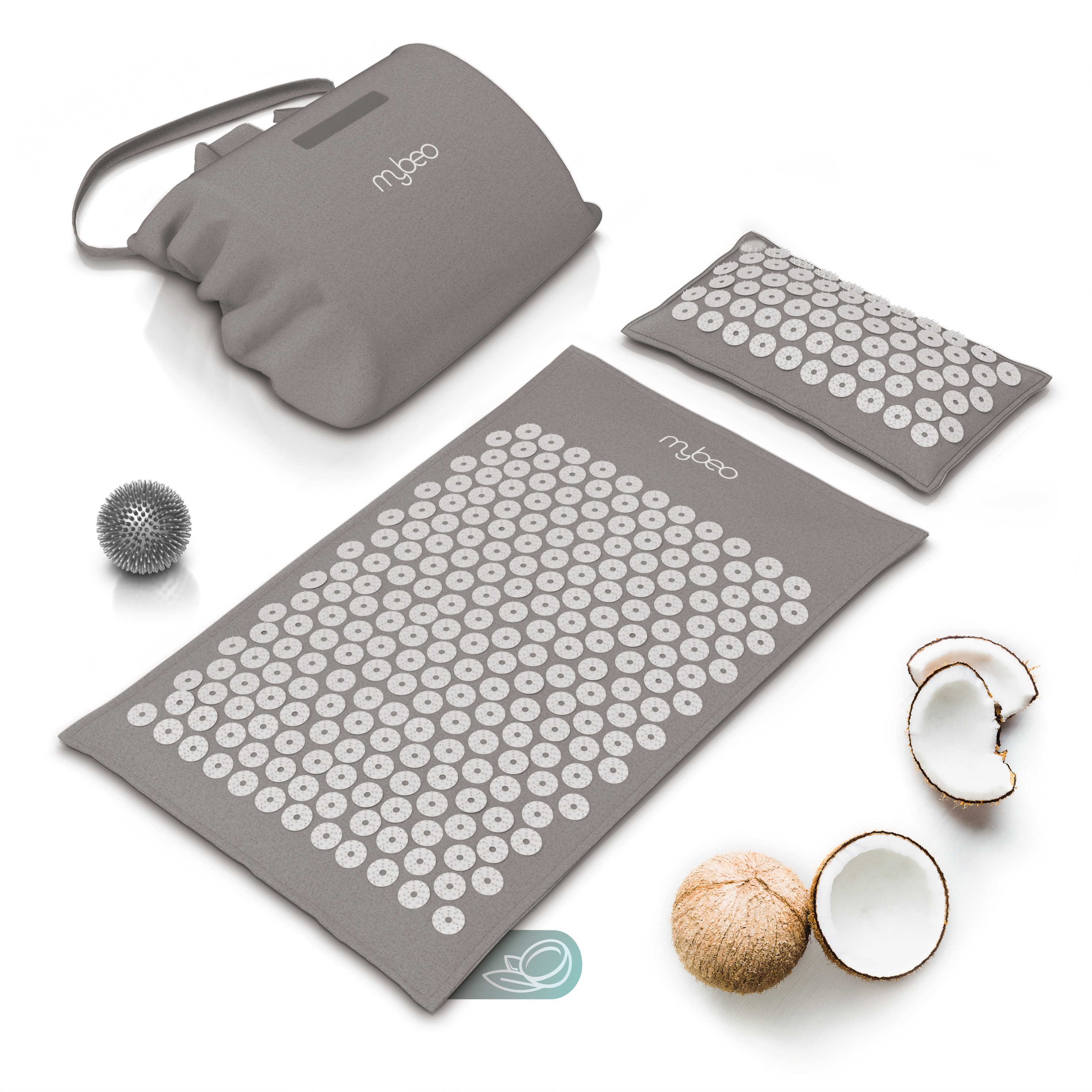 MyBeo Akupressur-Set, 71 x 44cm, Akupressurmatte mit Kissen & Massageball zur Entspannung, Stimulation und Meditation + Transporttasche, Grau - Bild 1