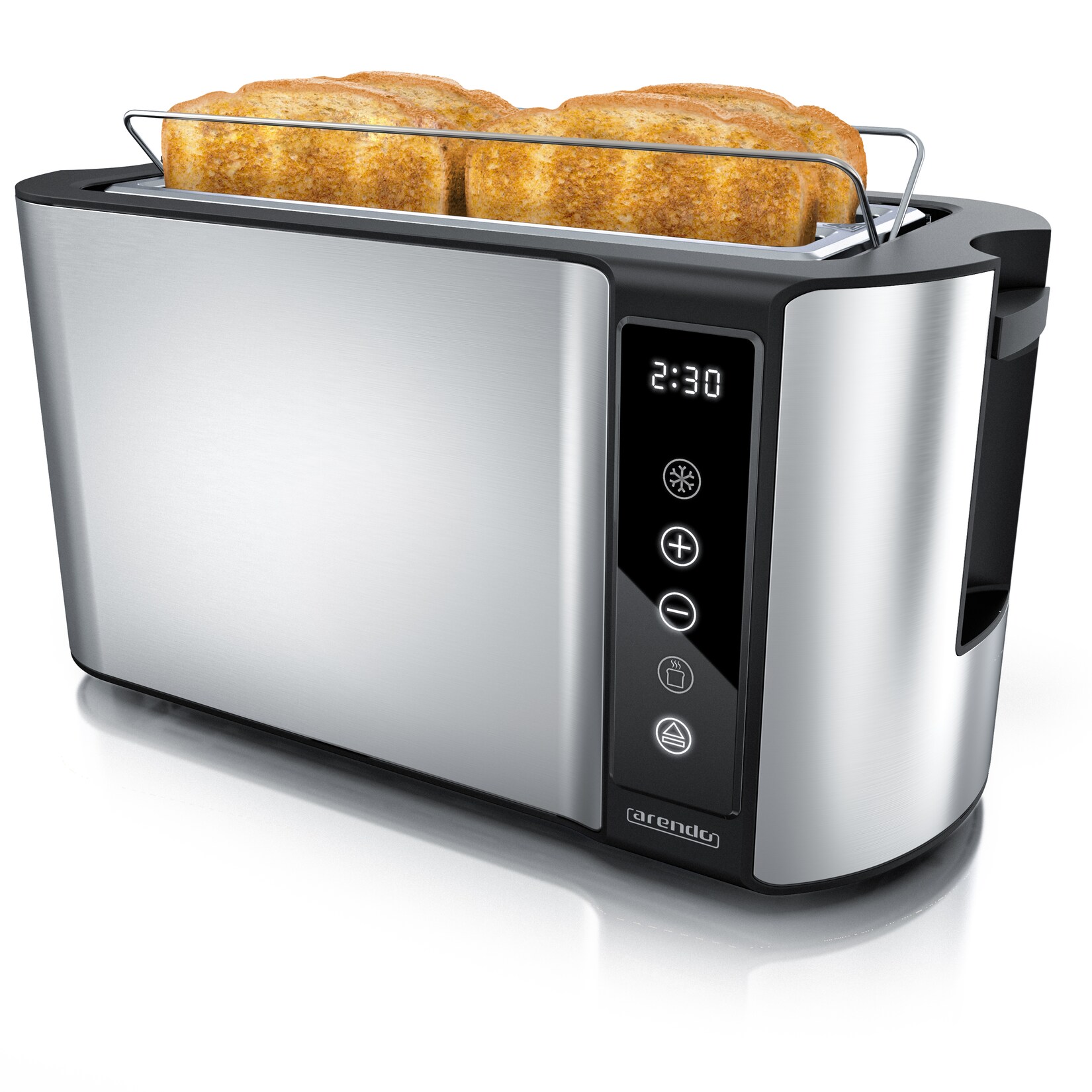 Toaster für 4 Scheiben Langschlitz 1500 W, Brötchenaufsatz, Wärmeisoliert, Display, Touch, Silber