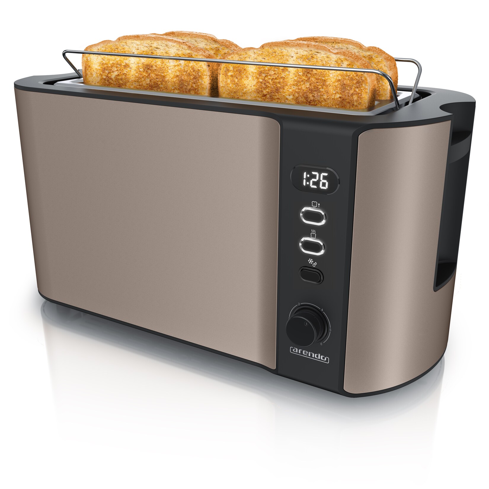 Toaster für 4 Scheiben, 1500W, Langschlitz, Brötchenaufsatz, Wärmeisoliert, Display, bronze