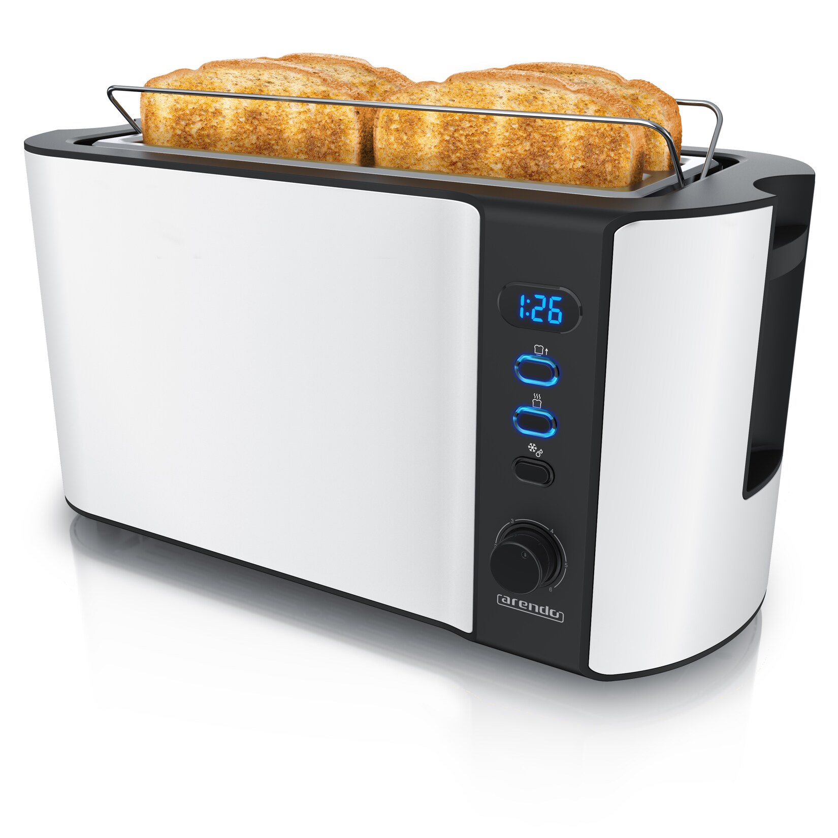 Automatik Langschlitz Toaster mit Brötchenaufsatz, Familientoaster für 4 Scheiben, Display, Auftaufunktion, Weiß