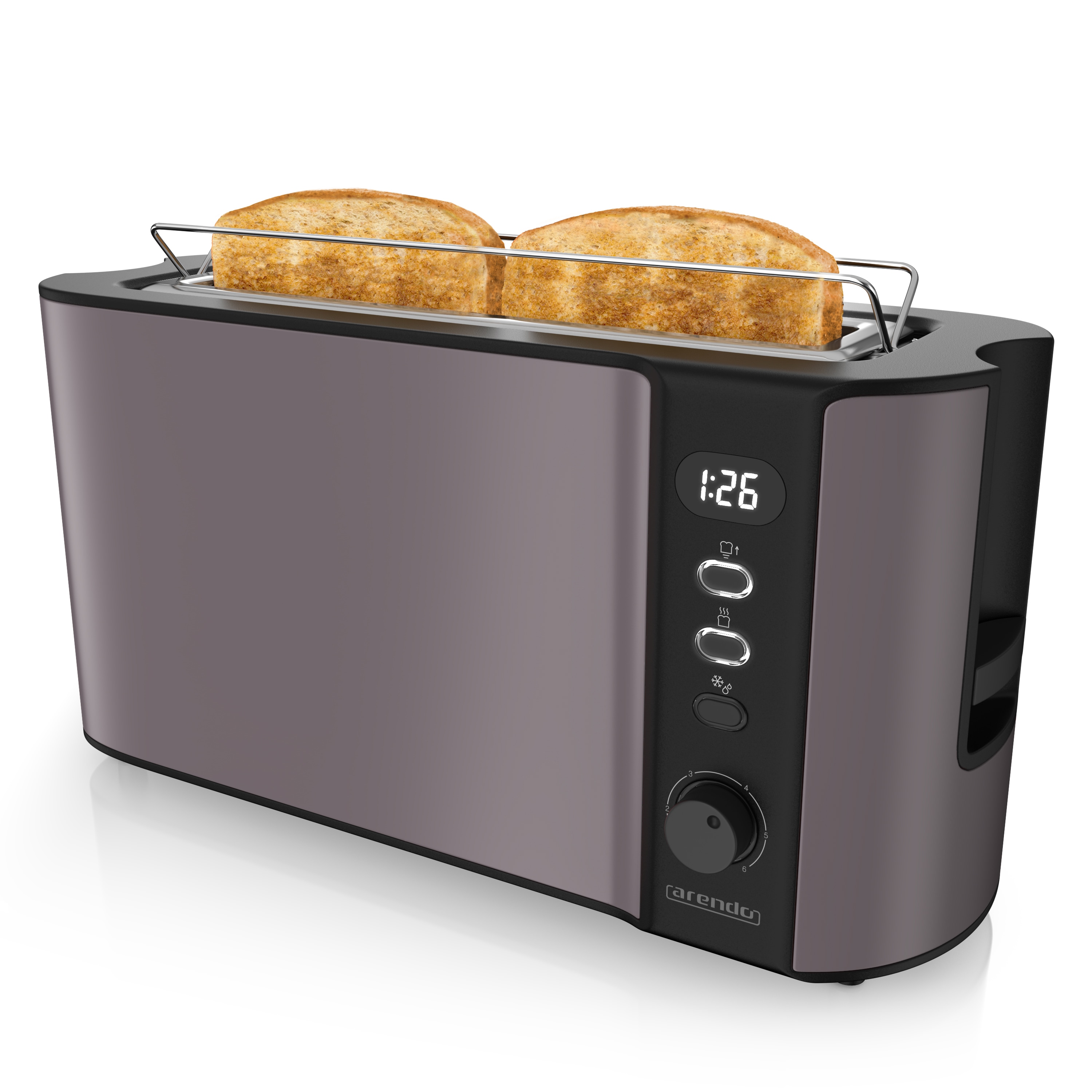 Arendo 1000 Watt Automatik Langschlitz Toaster, Display mit Restzeitanzeige, Auftaufunktion, Grau/Silber - Bild 1