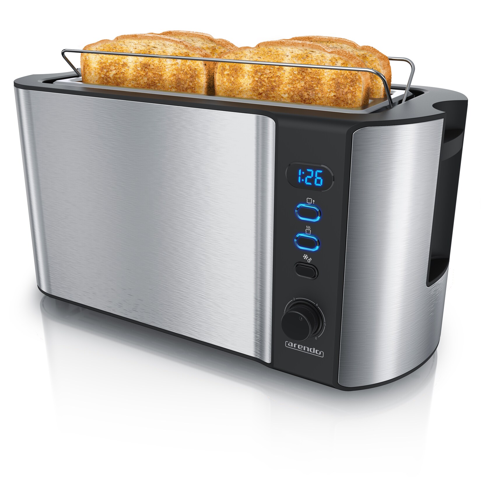 Toaster für 4 Scheiben, 1500W, Langschlitz, Wärmeisoliert, Brötchenaufsatz, Display, silber/schwarz